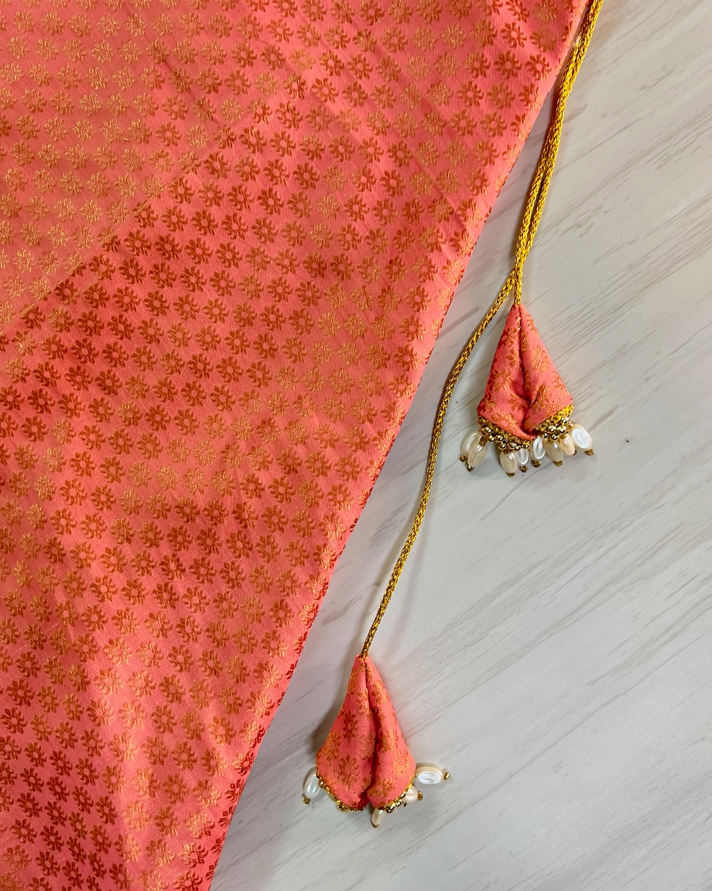 Peach Halter Neck Brocade Silk Crop Top Pearls Lehenga