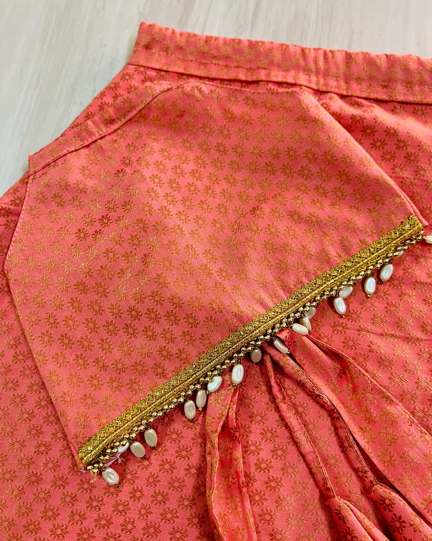 Peach Halter Neck Brocade Silk Crop Top Pearls Lehenga