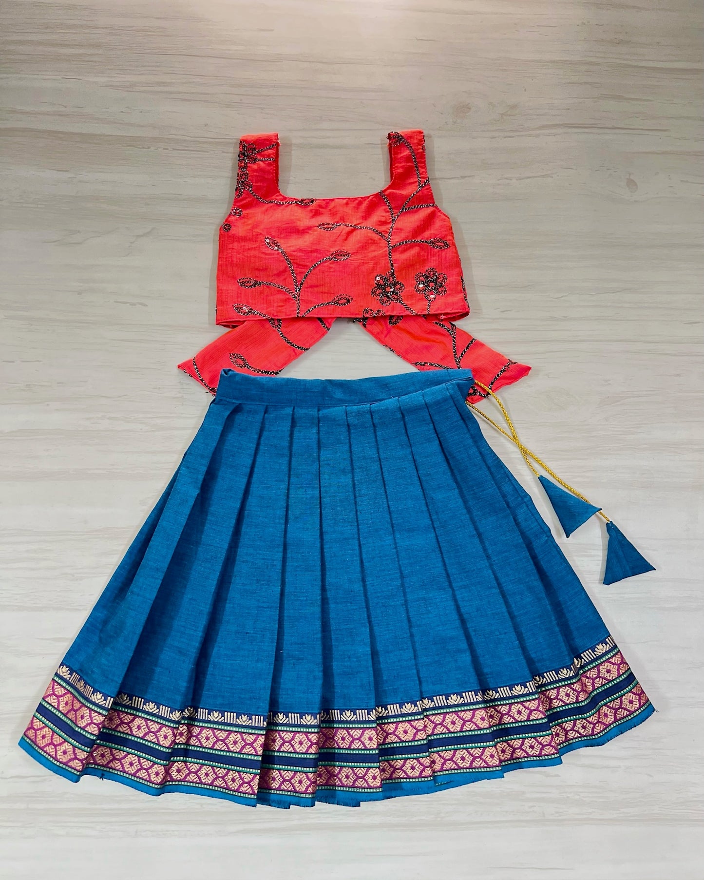 Peach Orange Tie Up Top With Blue Cotton Pleated Skirt | The Silkberry