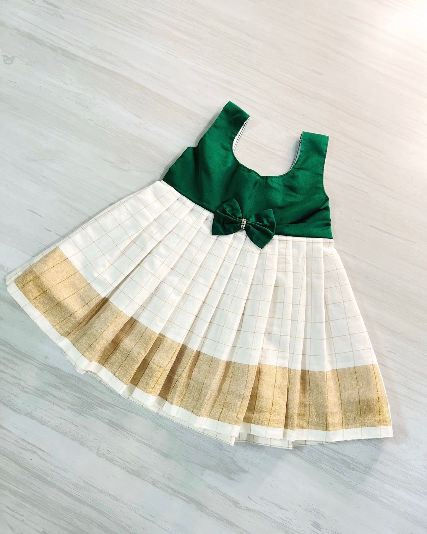 White And Dark Green Bow Style Frock | The Silkberry