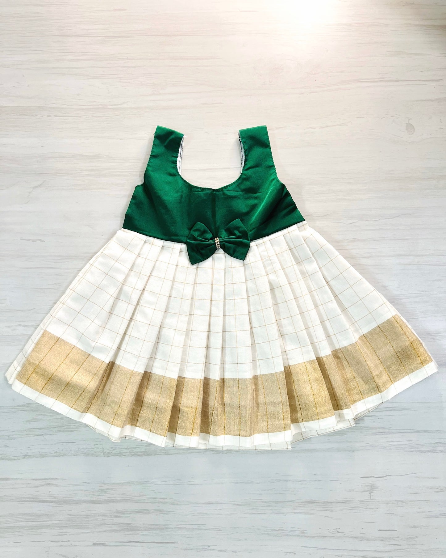 White And Dark Green Bow Style Frock | The Silkberry