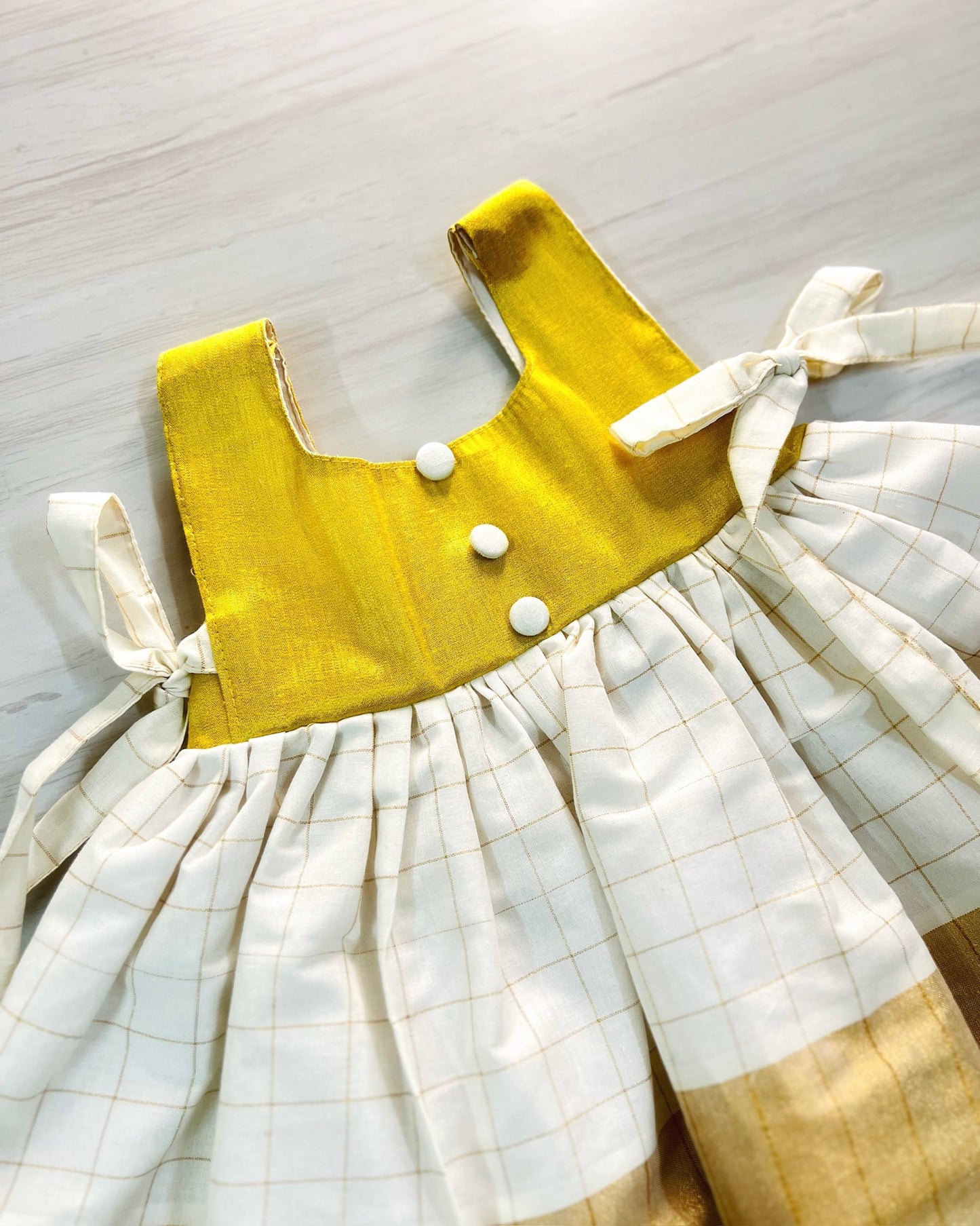 Gold And White Puffy Frock With Tie Up Bow | The Silkberry