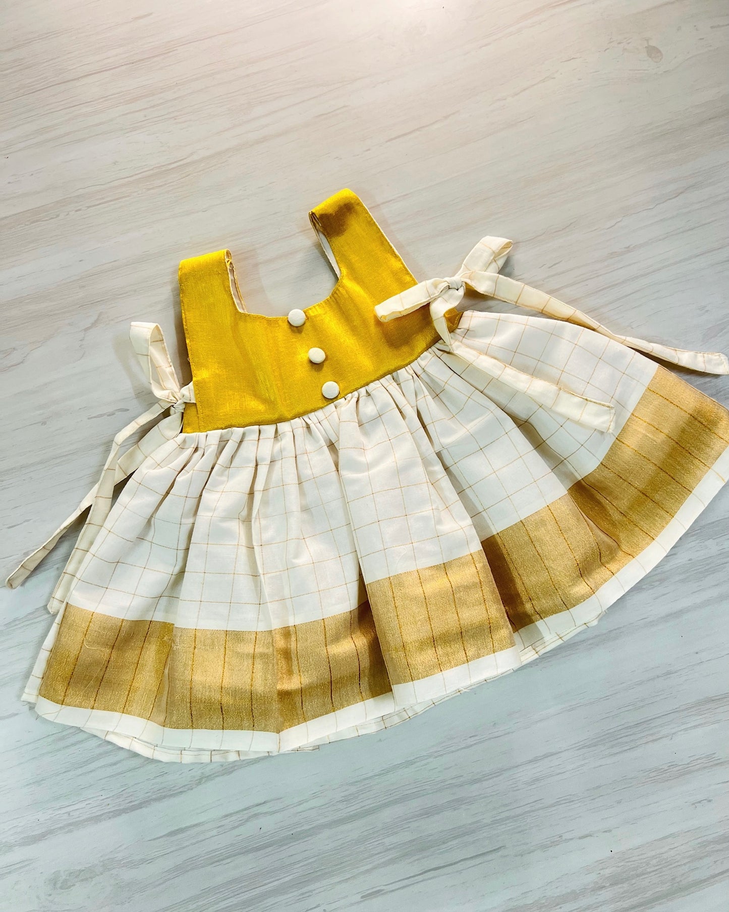 Gold And White Puffy Frock With Tie Up Bow | The Silkberry