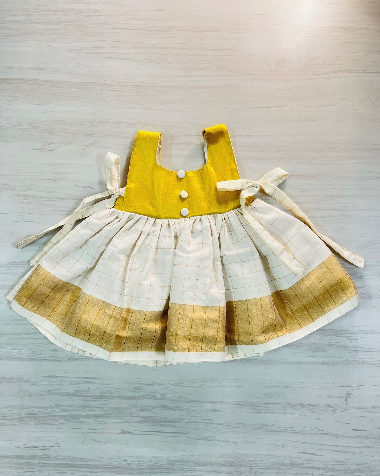 Gold And White Puffy Frock With Tie Up Bow | The Silkberry