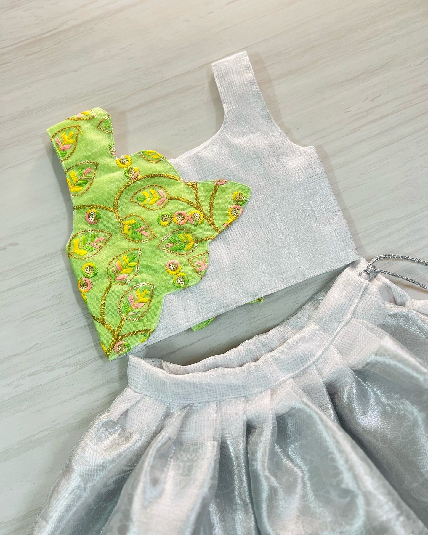 Thyme Green Scallop Overlay Top With Silver Lehenga Set | The Silkberry