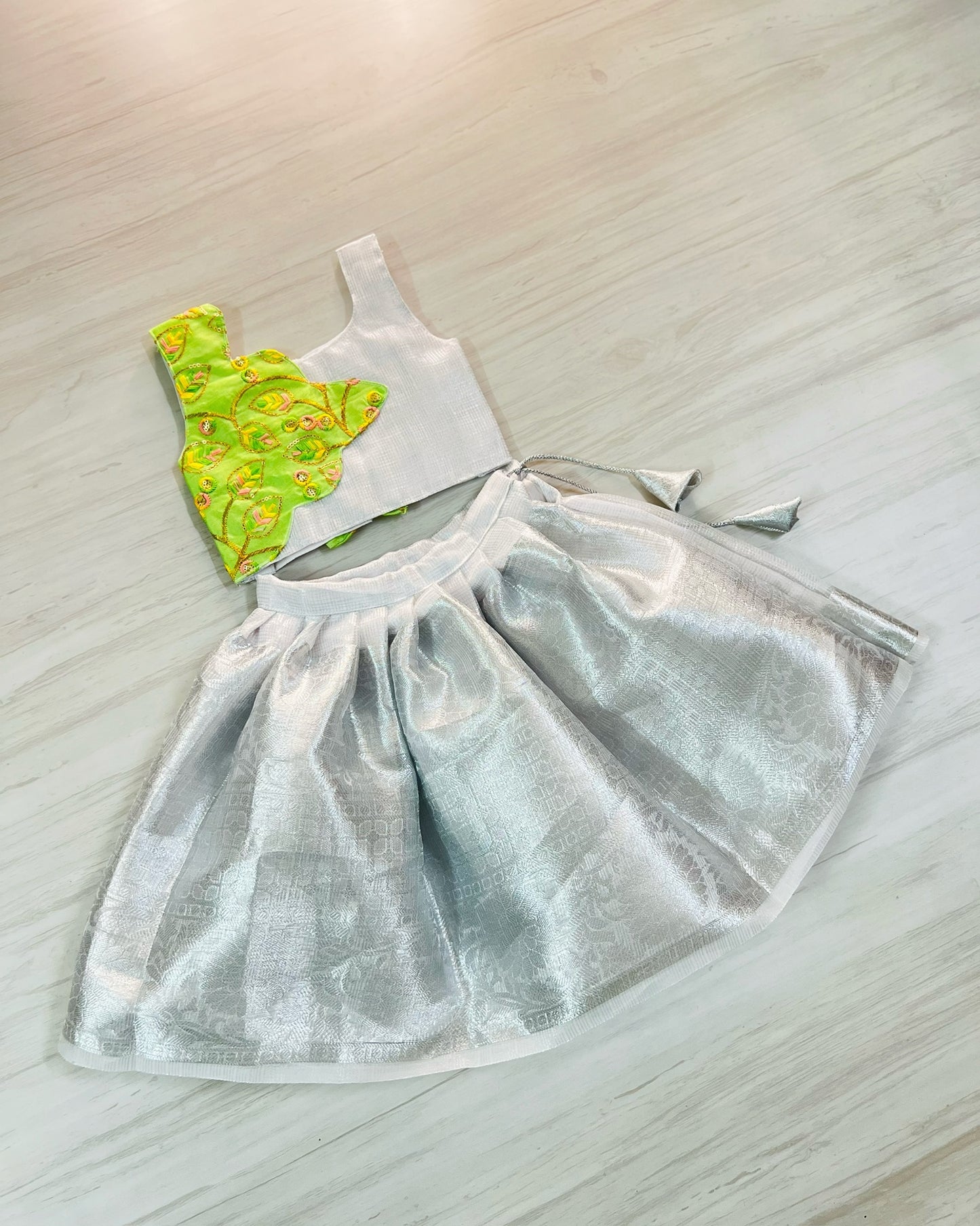 Thyme Green Scallop Overlay Top With Silver Lehenga Set | The Silkberry