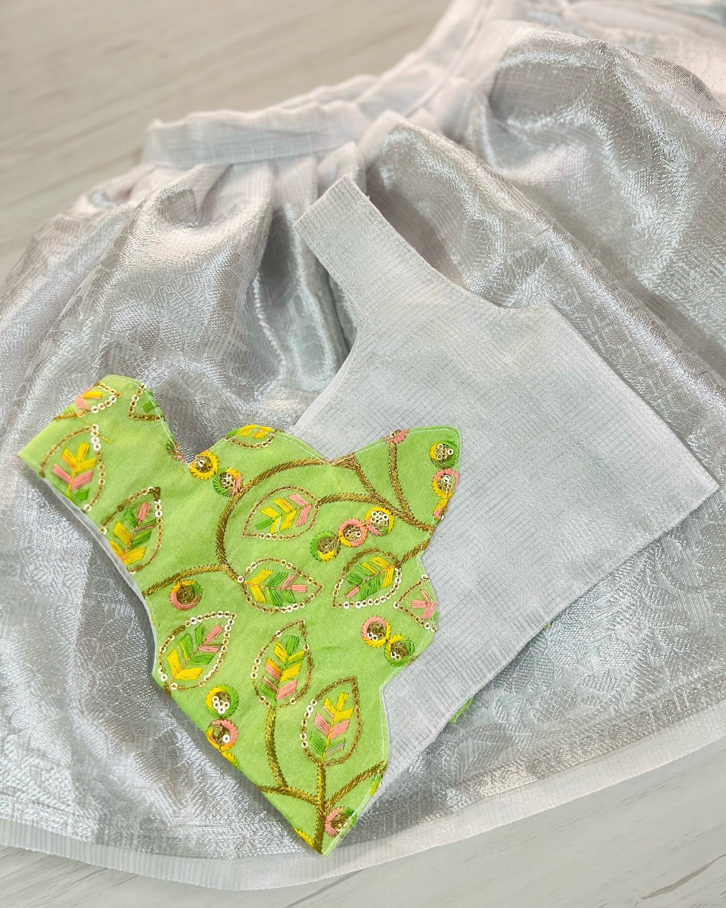 Thyme Green Scallop Overlay Top With Silver Lehenga Set | The Silkberry