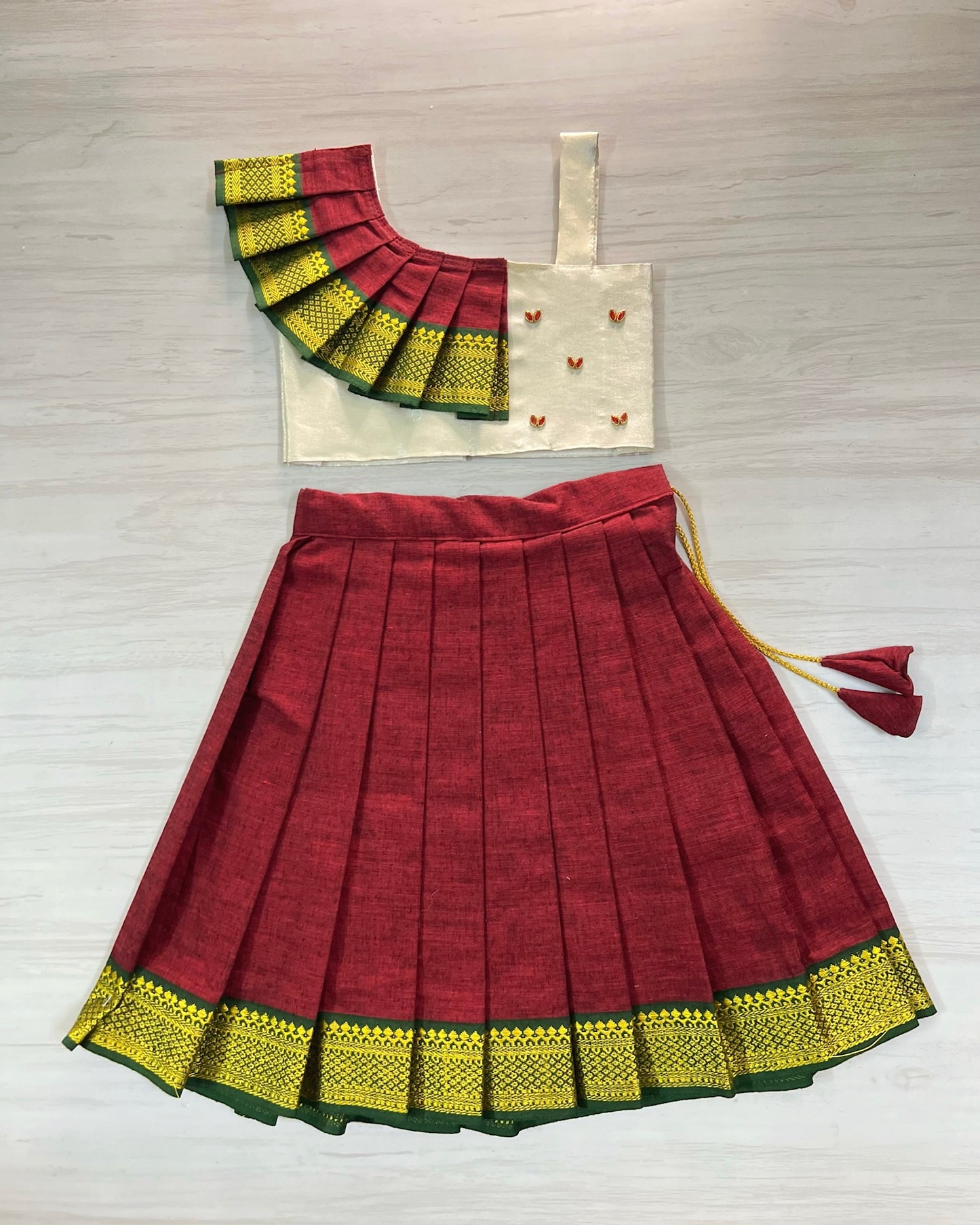 Royal Maroon And Ivory Fan Style Pleated Lehenga Set | The Silkberry