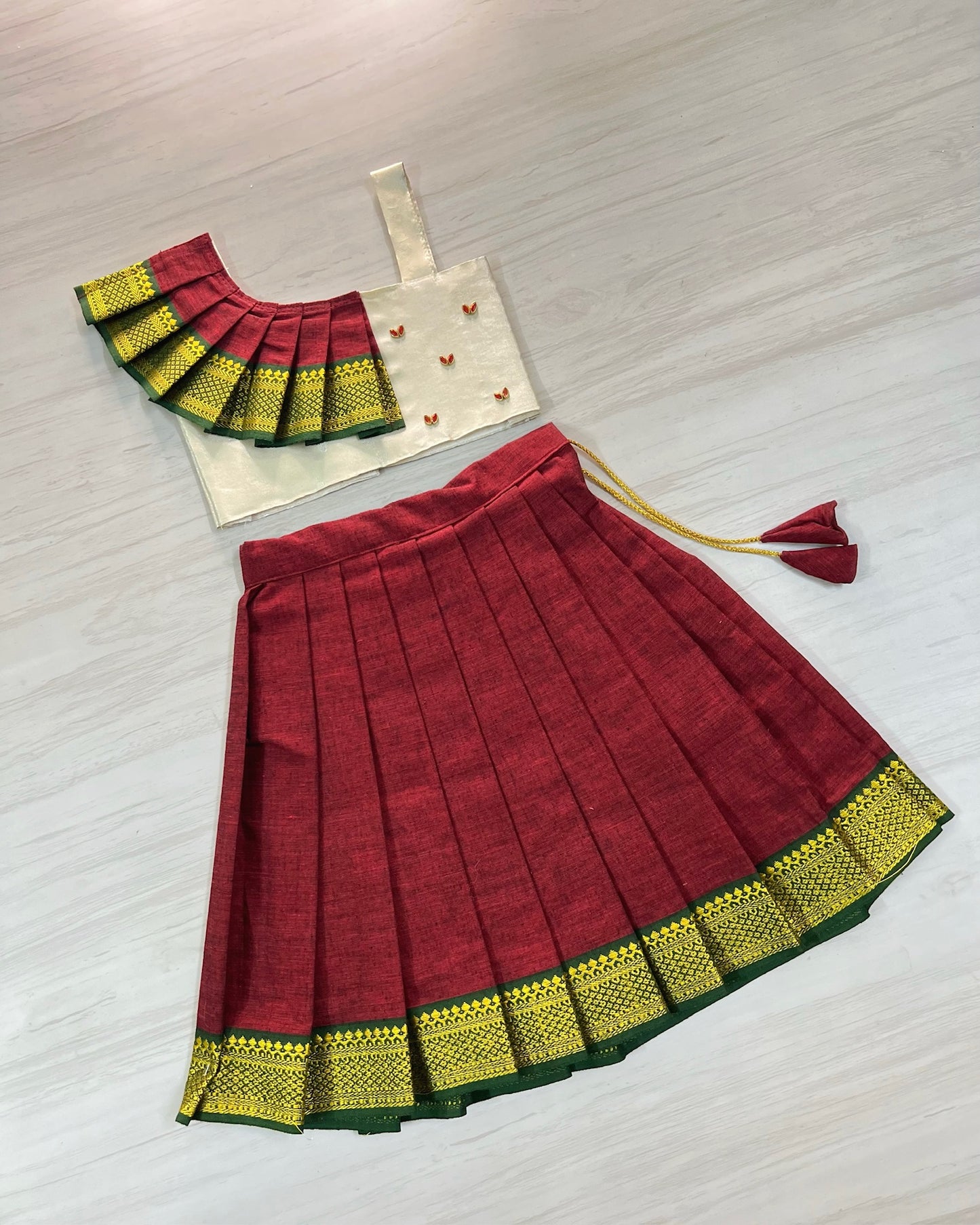 Royal Maroon And Ivory Fan Style Pleated Lehenga Set | The Silkberry