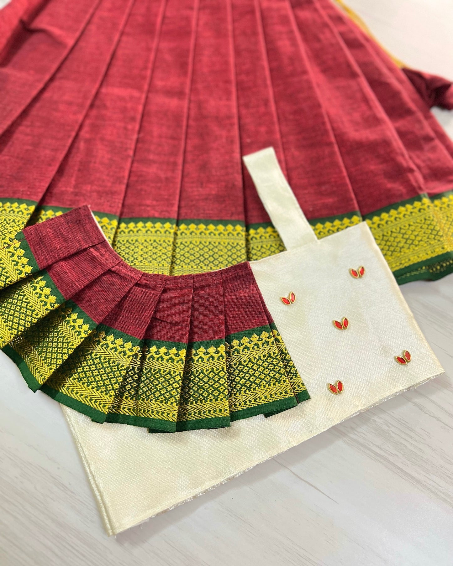 Royal Maroon And Ivory Fan Style Pleated Lehenga Set | The Silkberry