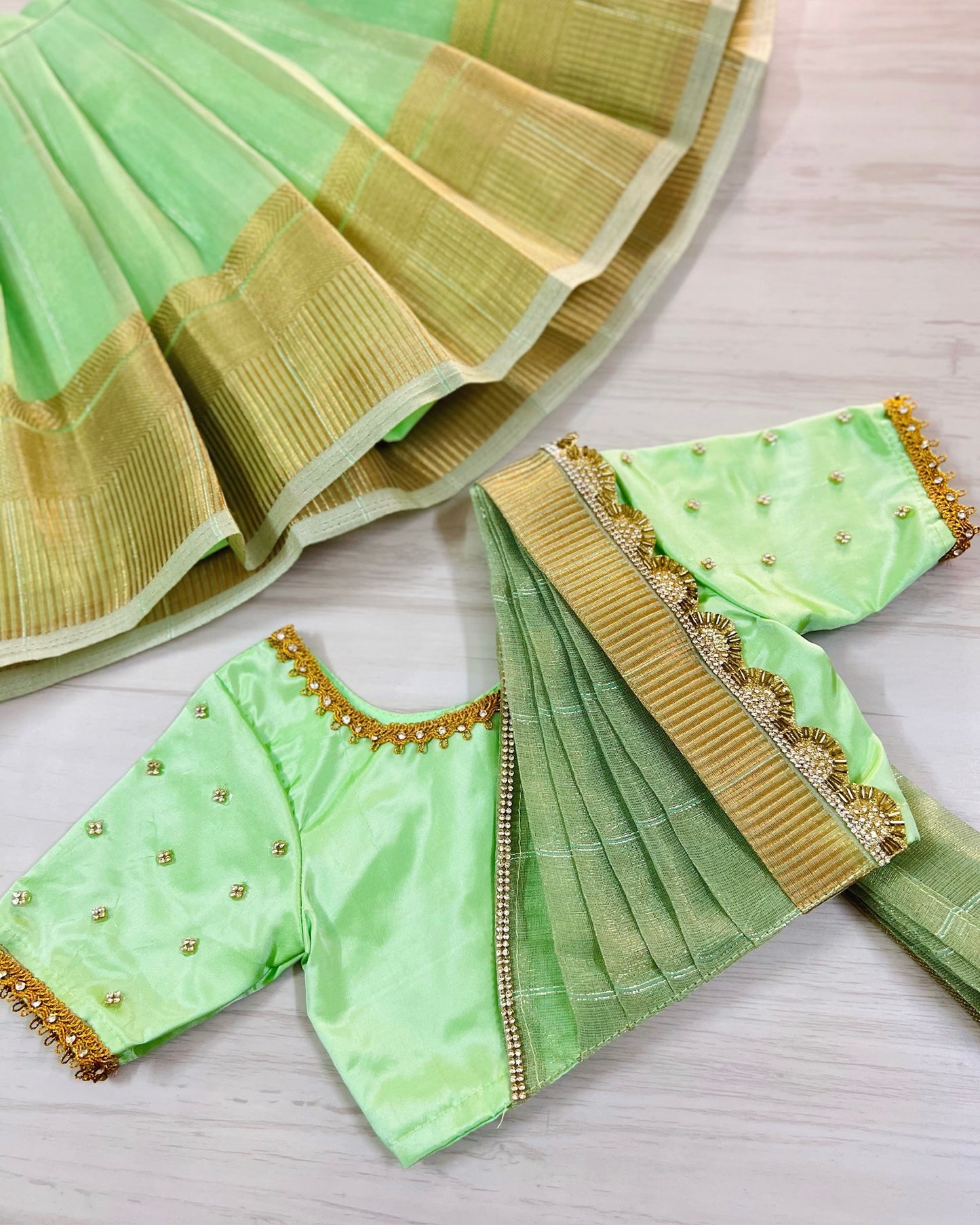 Seafoam Green Half Saree Style Stone Embellished Tissue Silk Lehenga Set | The Silkberry