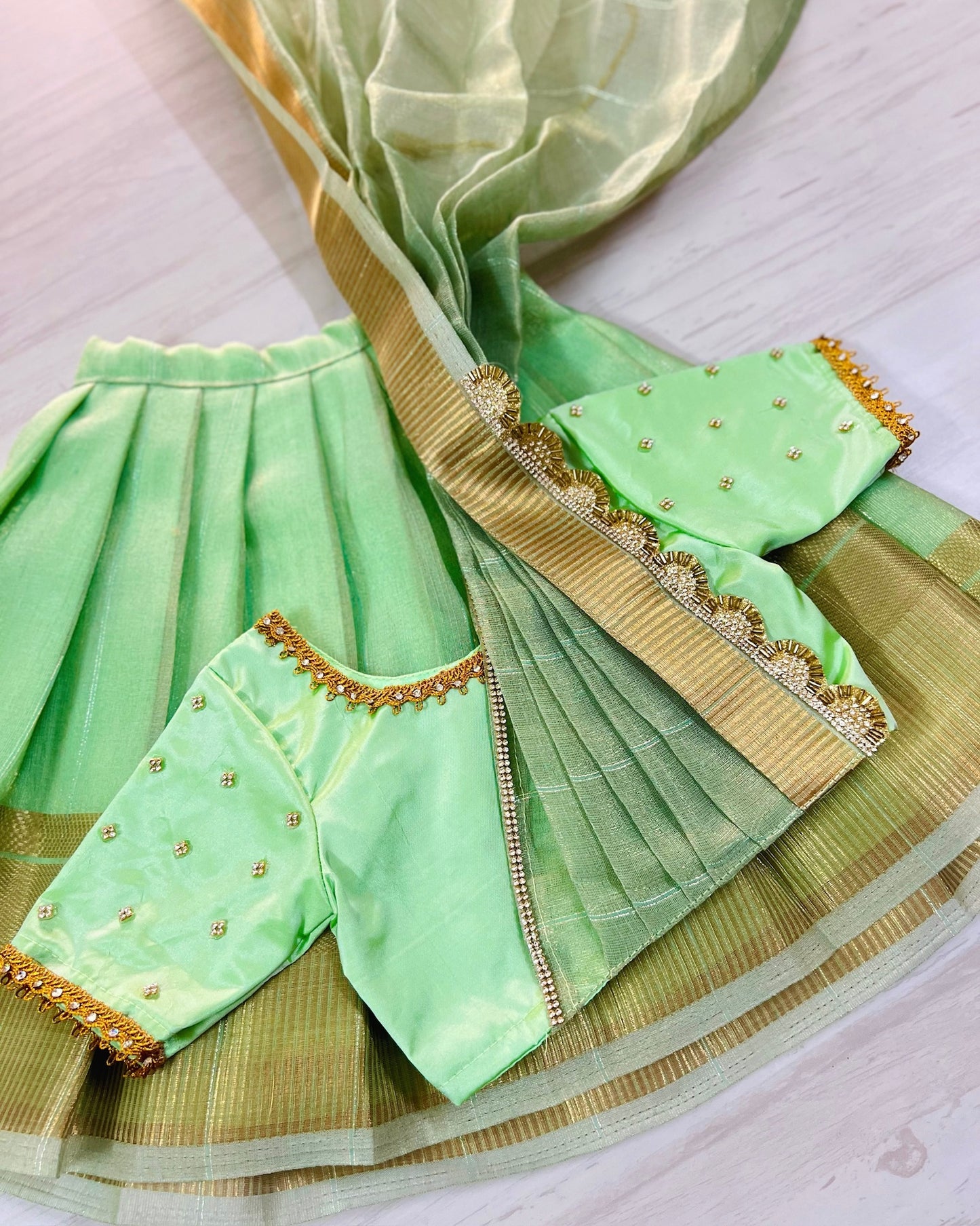 Seafoam Green Half Saree Style Stone Embellished Tissue Silk Lehenga Set | The Silkberry