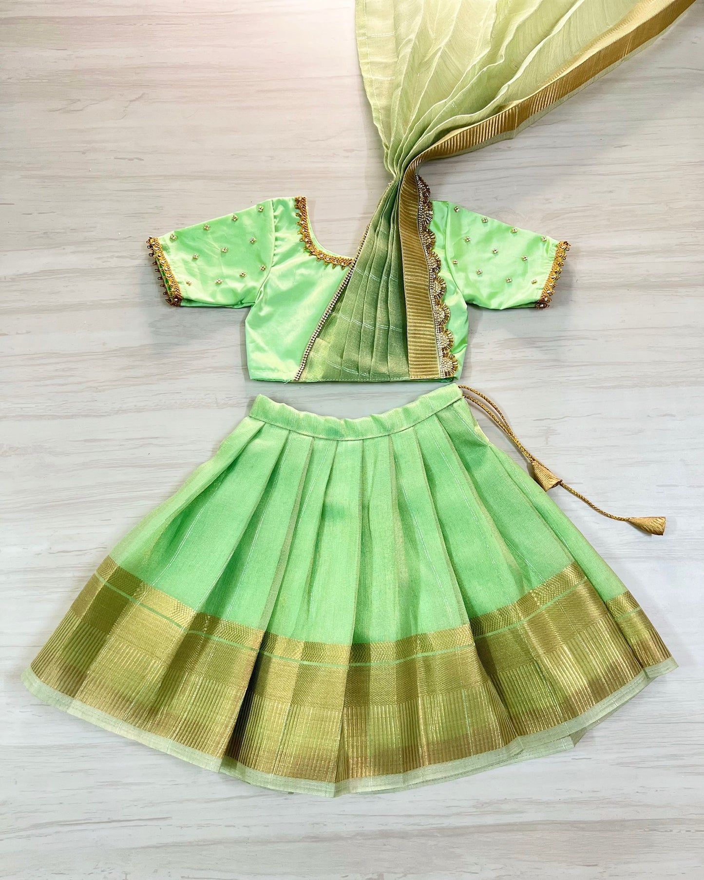 Seafoam Green Half Saree Style Stone Embellished Tissue Silk Lehenga Set | The Silkberry