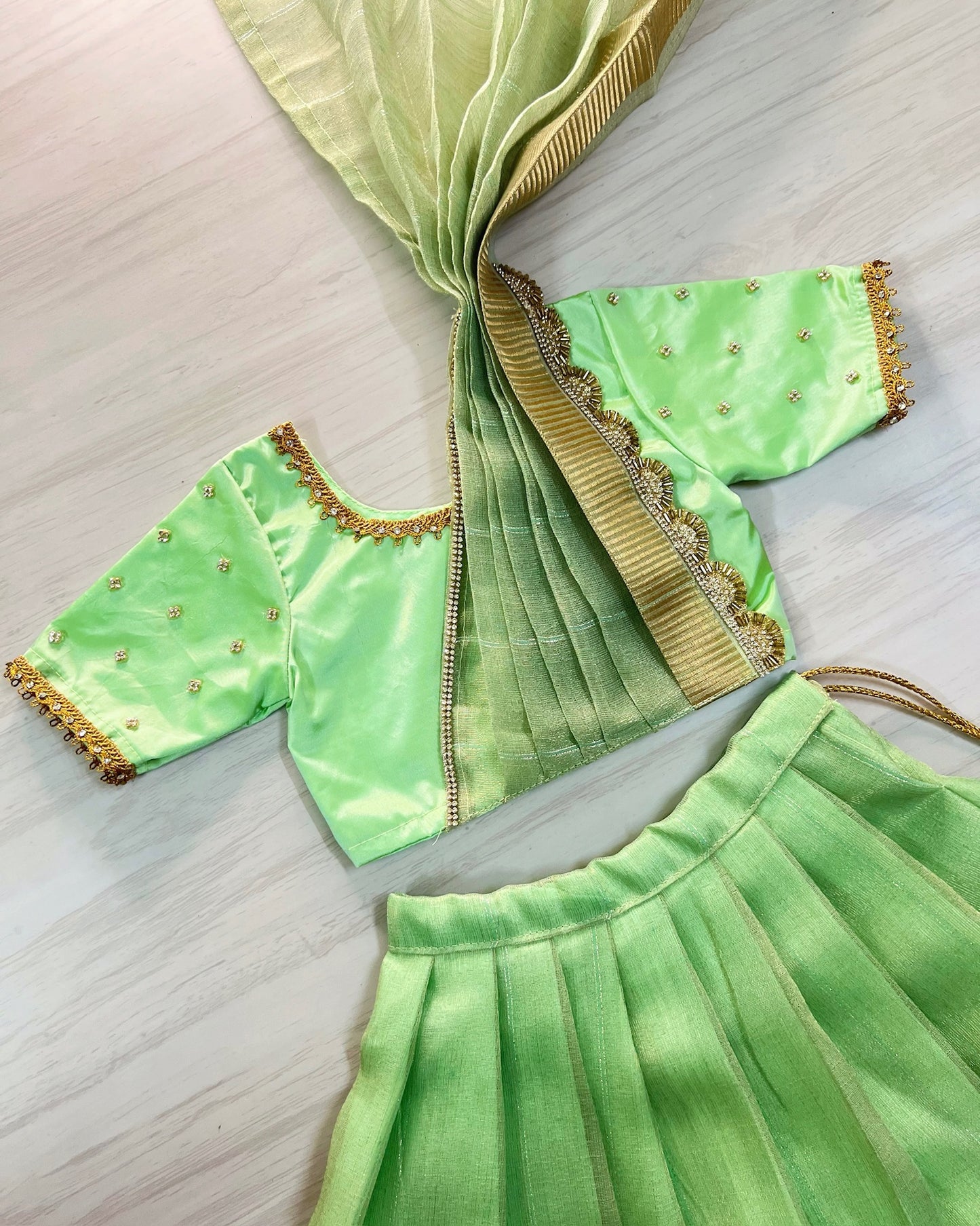 Seafoam Green Half Saree Style Stone Embellished Tissue Silk Lehenga Set | The Silkberry