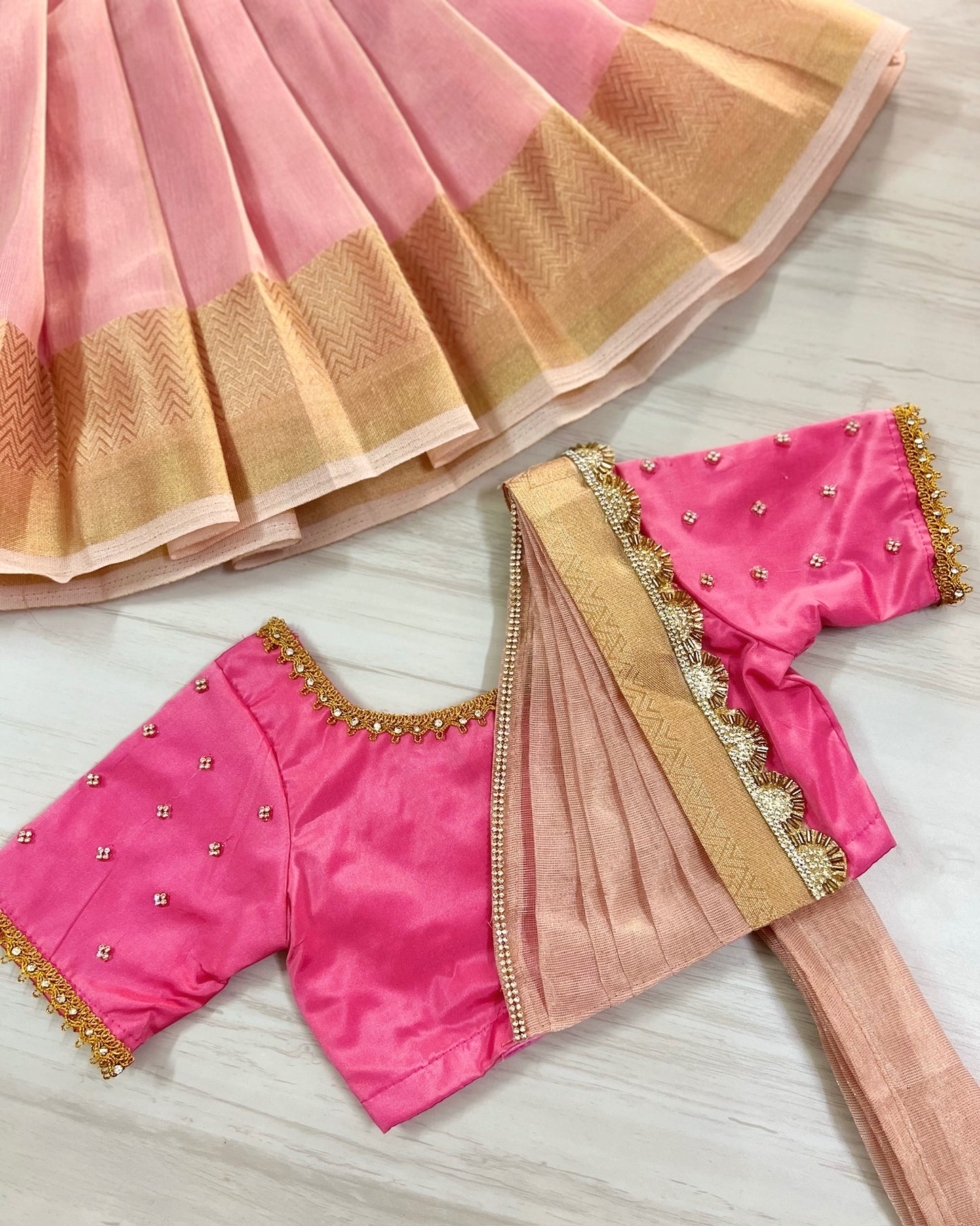 Persian Pink Half Saree Style Stone Embellished Tissue Silk Lehenga Set | The Silkberry