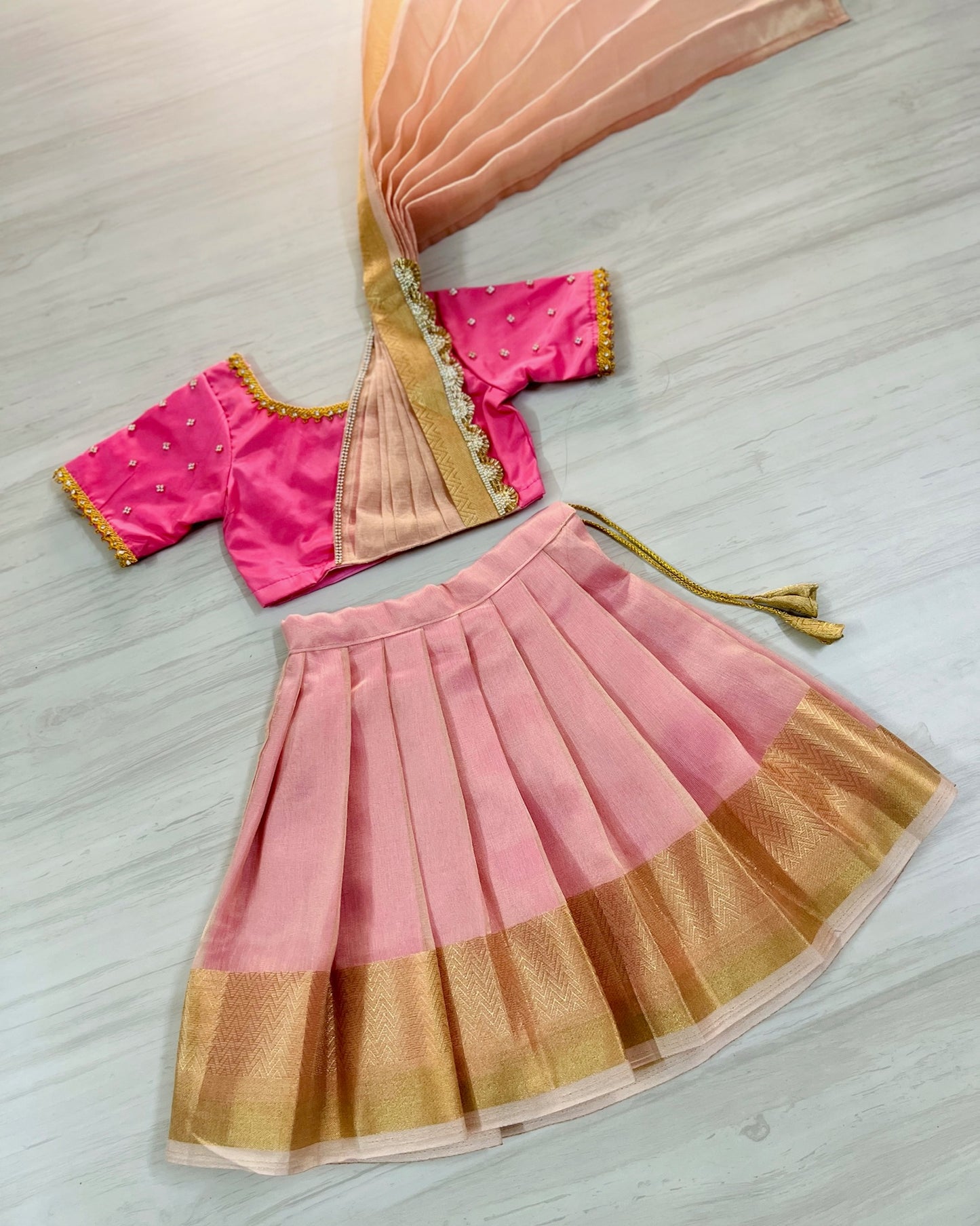 Persian Pink Half Saree Style Stone Embellished Tissue Silk Lehenga Set | The Silkberry