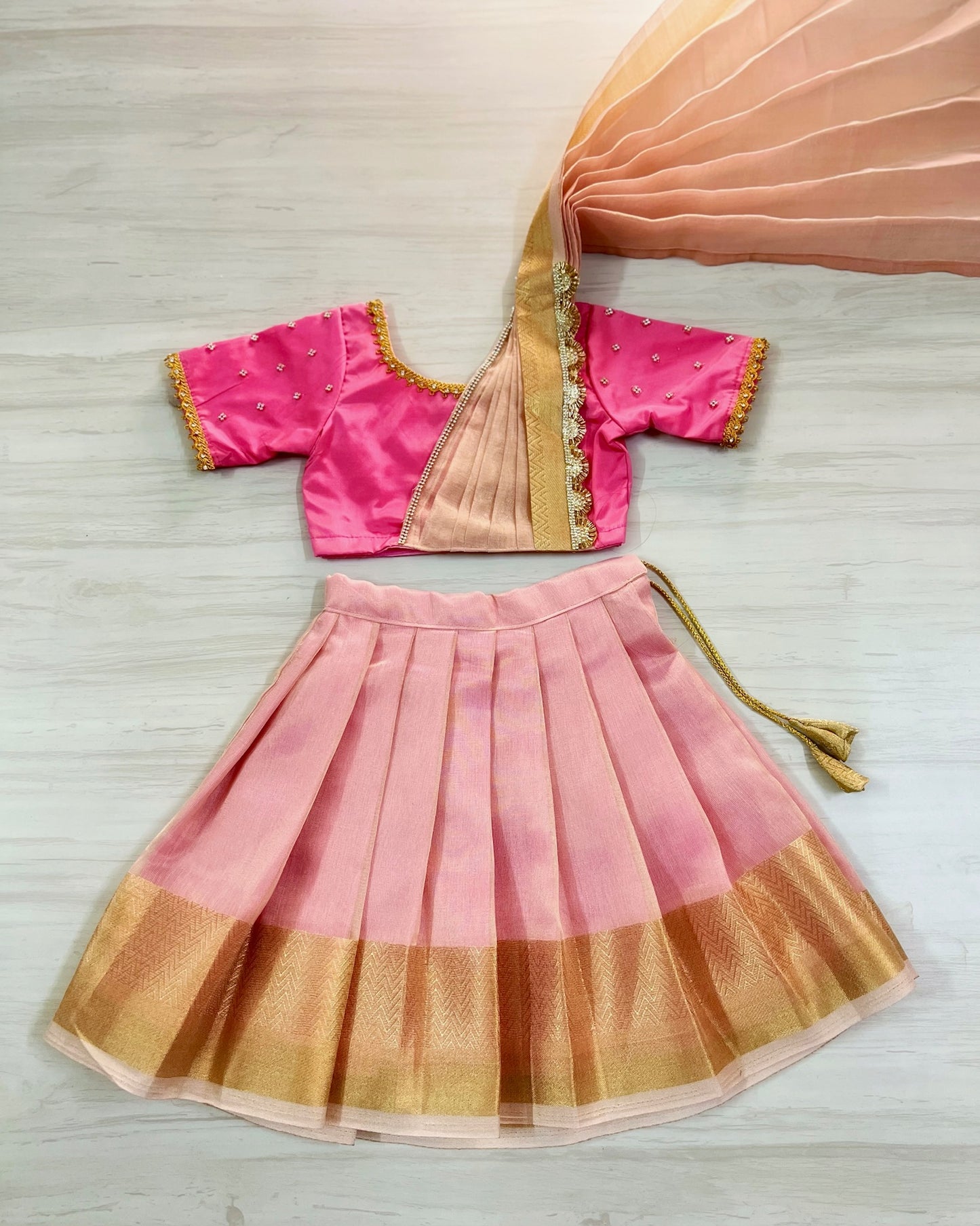 Persian Pink Half Saree Style Stone Embellished Tissue Silk Lehenga Set | The Silkberry