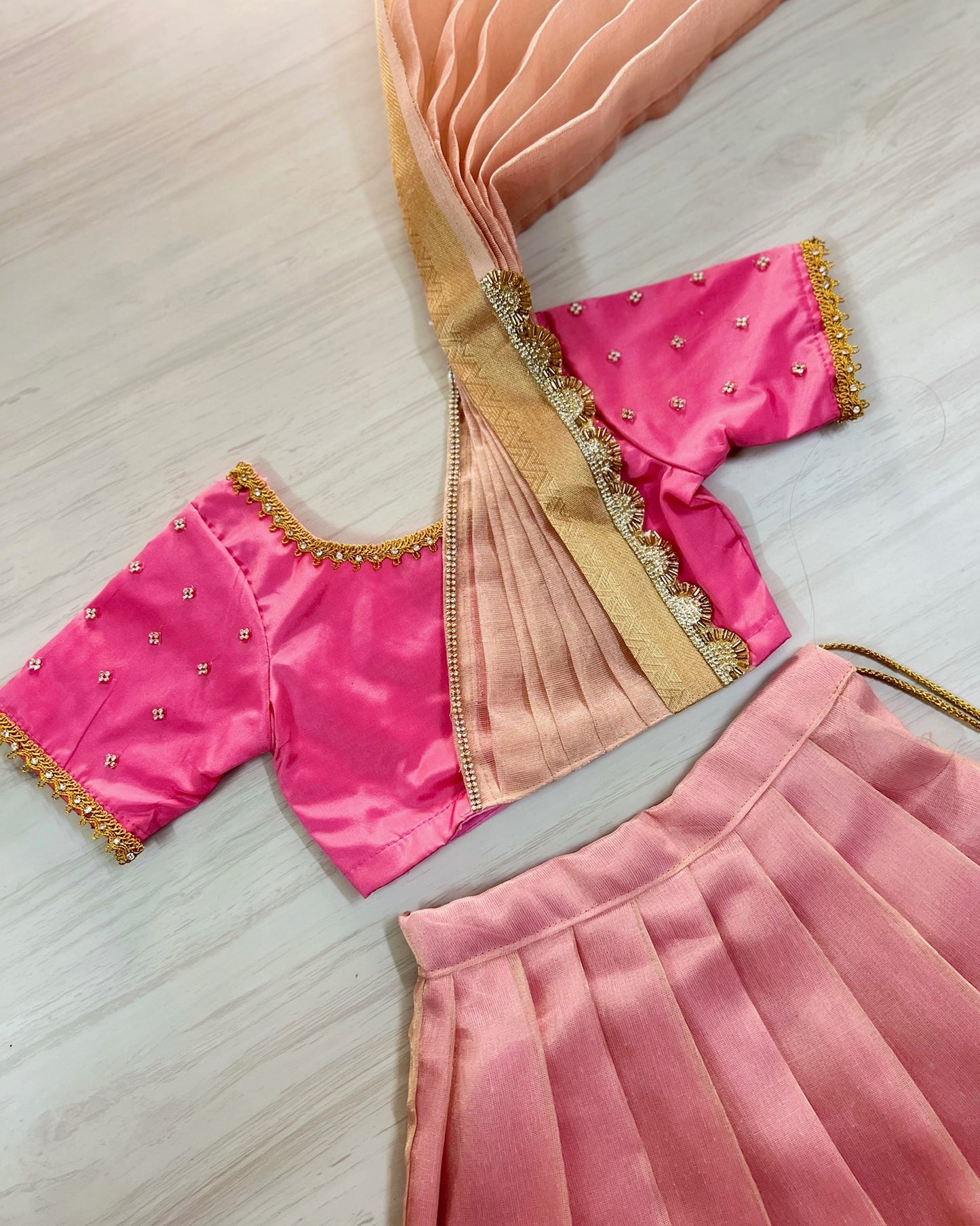 Persian Pink Half Saree Style Stone Embellished Tissue Silk Lehenga Set | The Silkberry