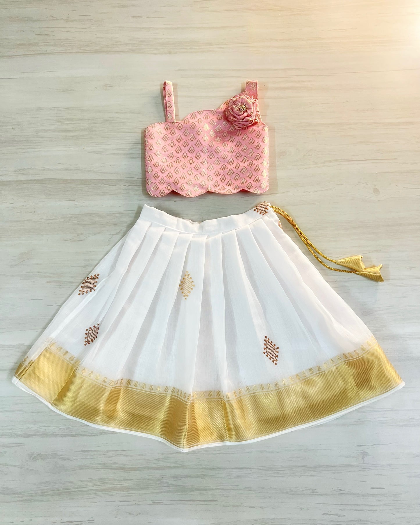 Baby Pink Rose With Pure Cotton White Onam Style Lehenga Set