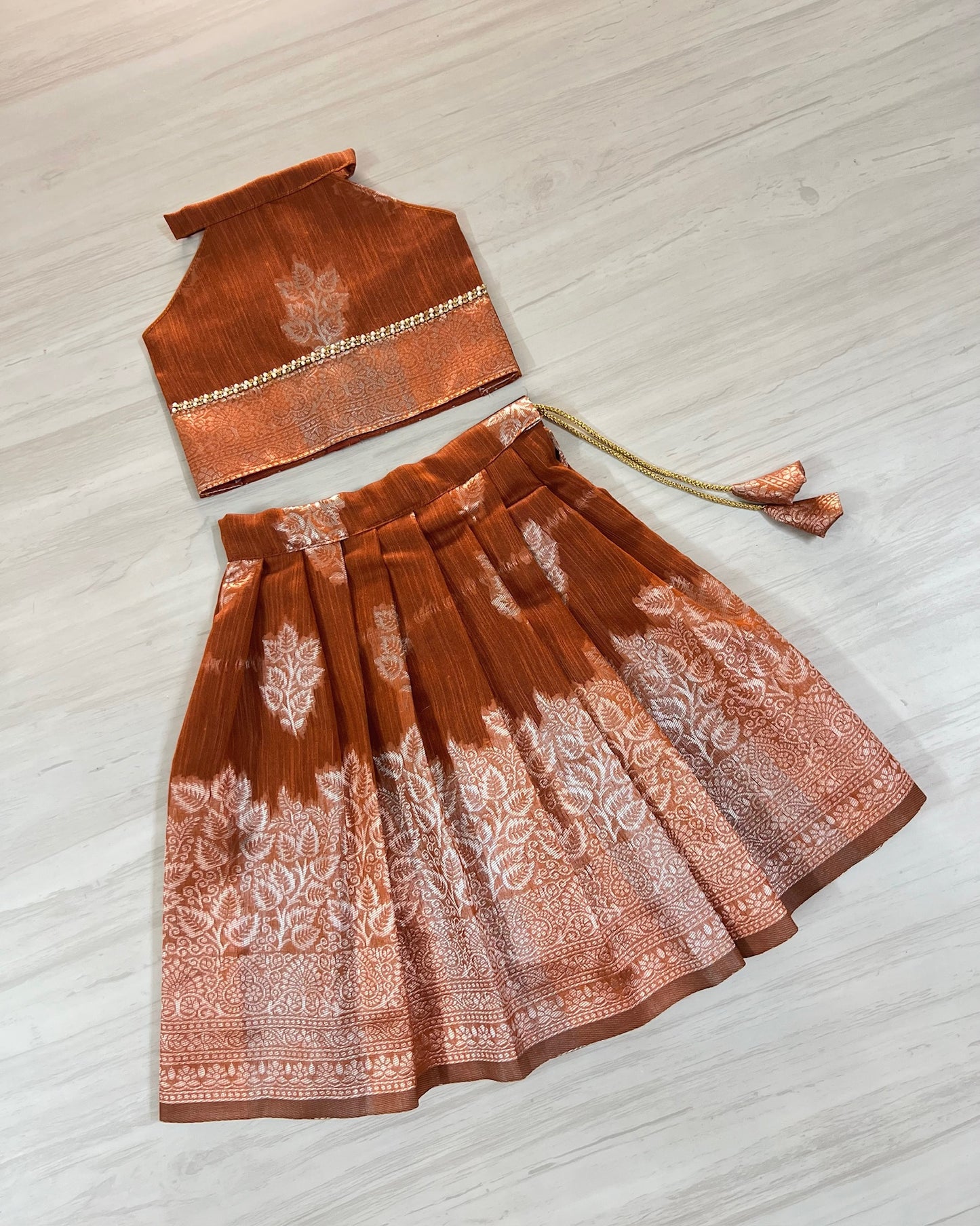 Rare Amber Leafy Print Halter Neck Lehenga Set