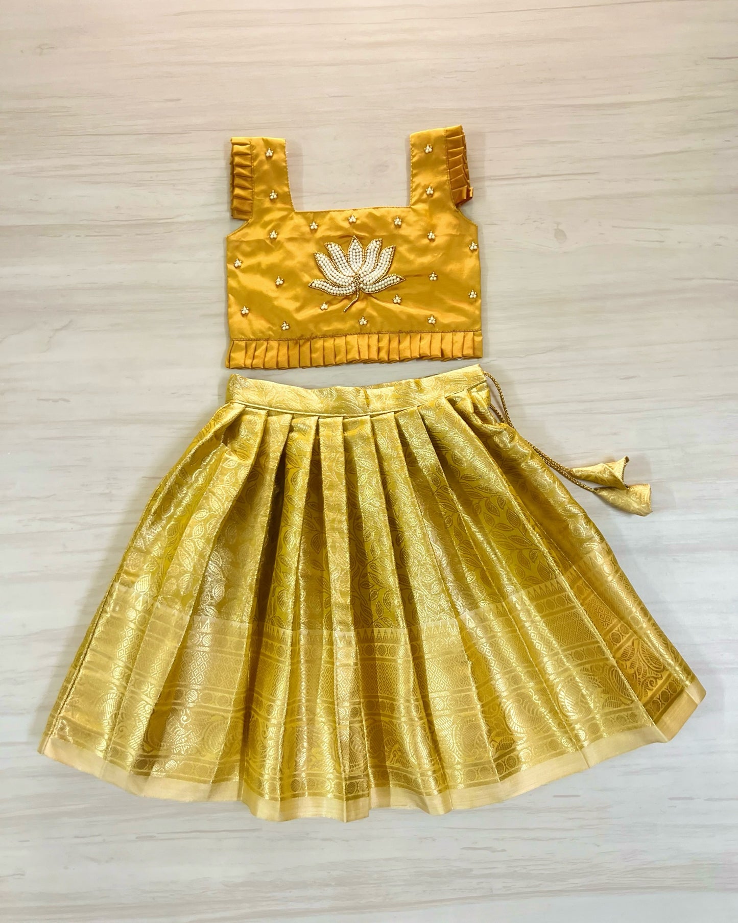 Honey Gold Pearly Lotus Embroidered Aari Work Lehenga Set