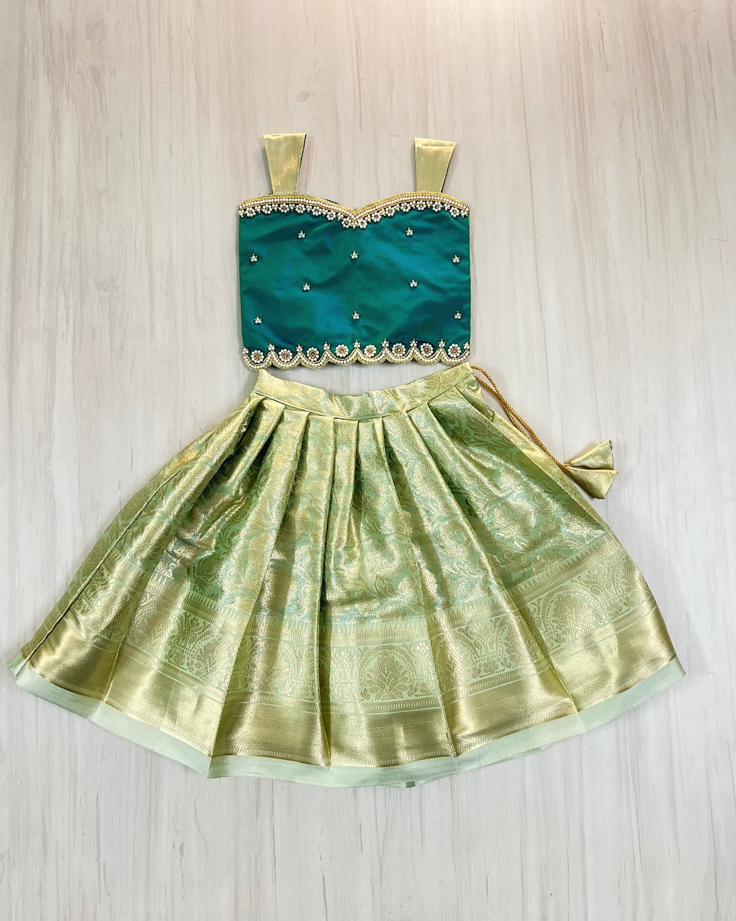 Carribean Teal Pearl Embellished Intricate Aari Work Lehenga Set