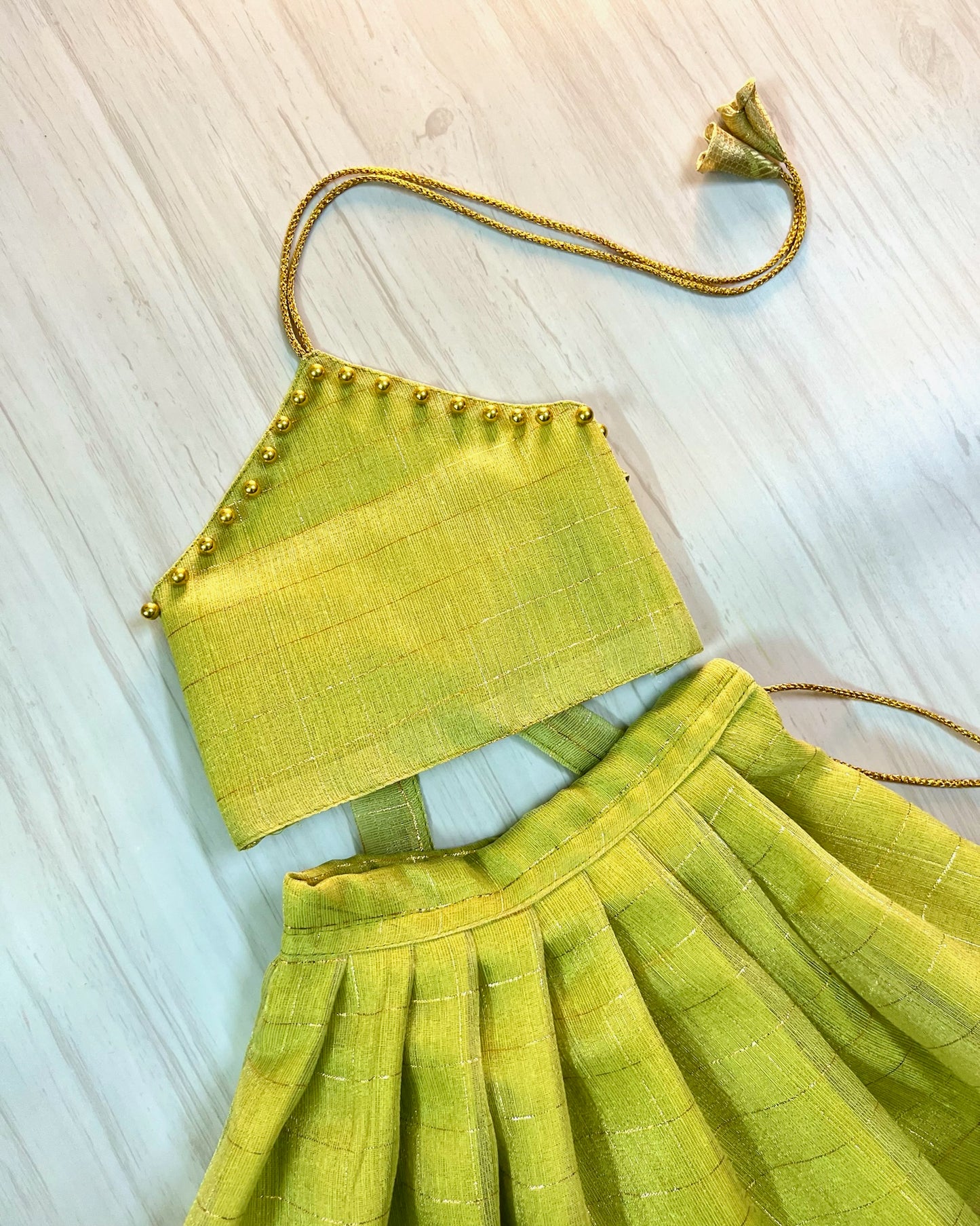 Spring Bud Green Halter Neck Tissue Silk Lehenga Set