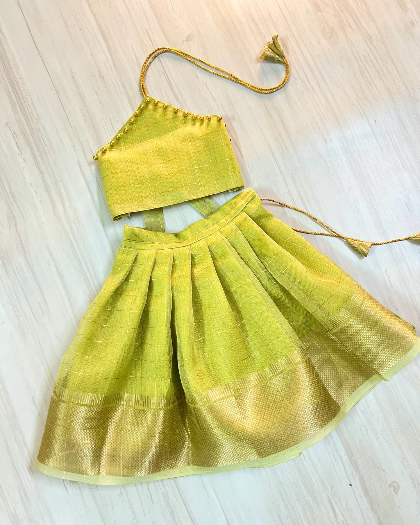Spring Bud Green Halter Neck Tissue Silk Lehenga Set