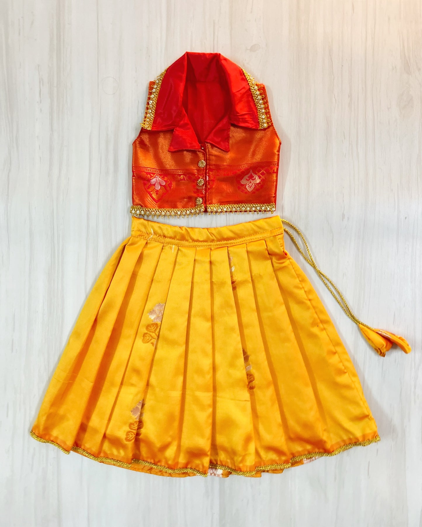 Sunset Orange Collar Top Mango Yellow Lehenga Set