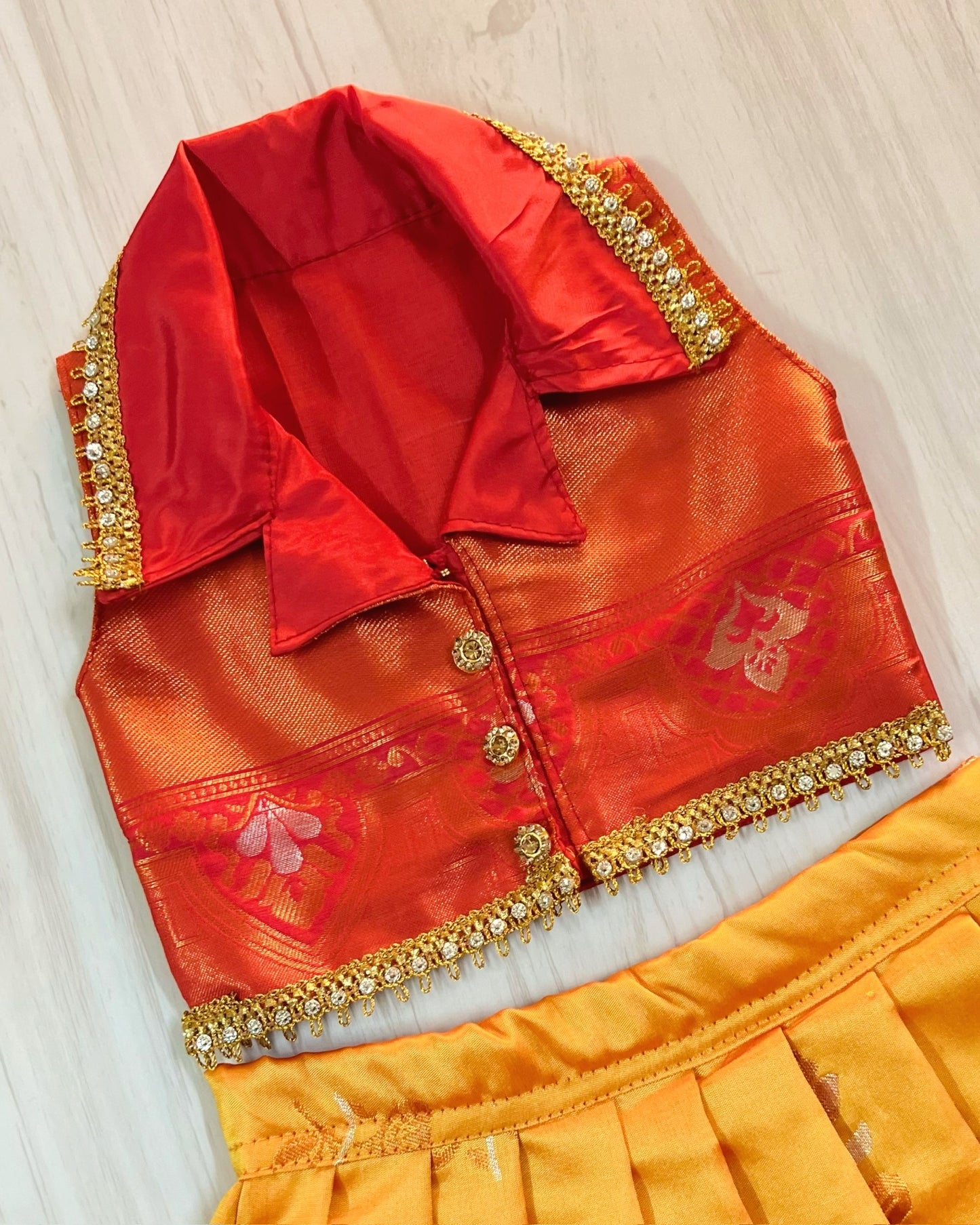 Sunset Orange Collar Top Mango Yellow Lehenga Set