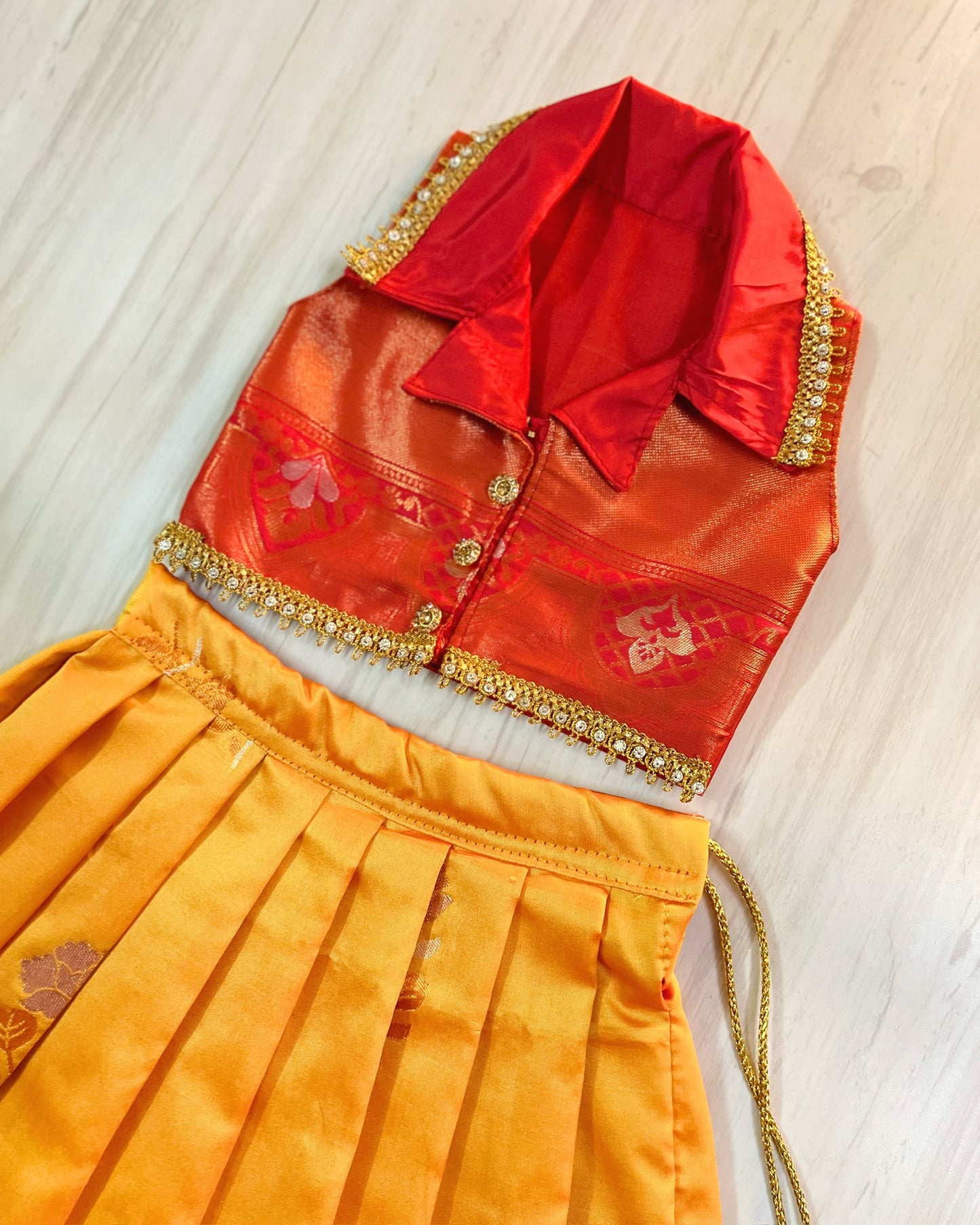 Sunset Orange Collar Top Mango Yellow Lehenga Set