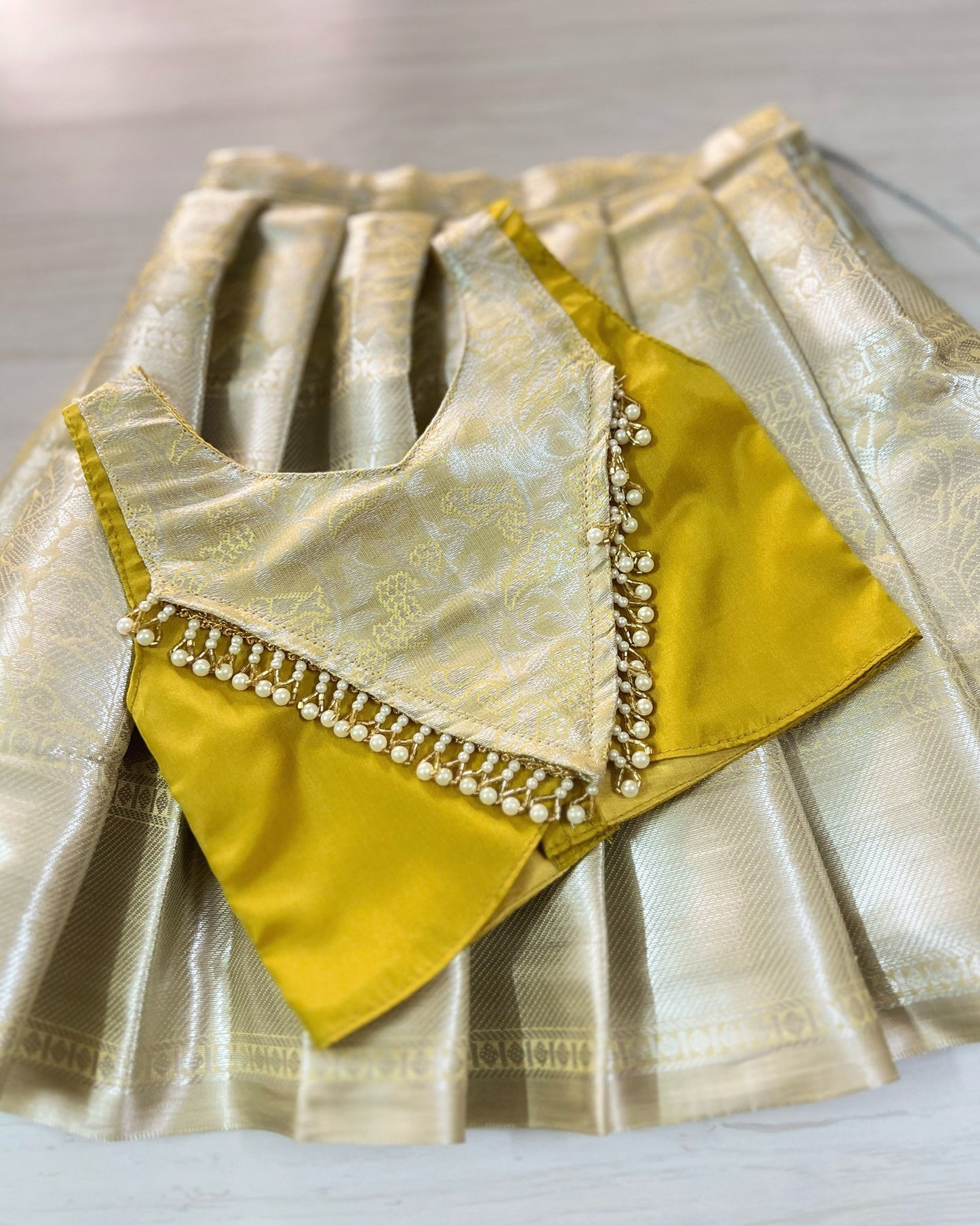 Honey Mustard Shimmery Pearl Embellished Modern Back Lehenga Set | The Silkberry