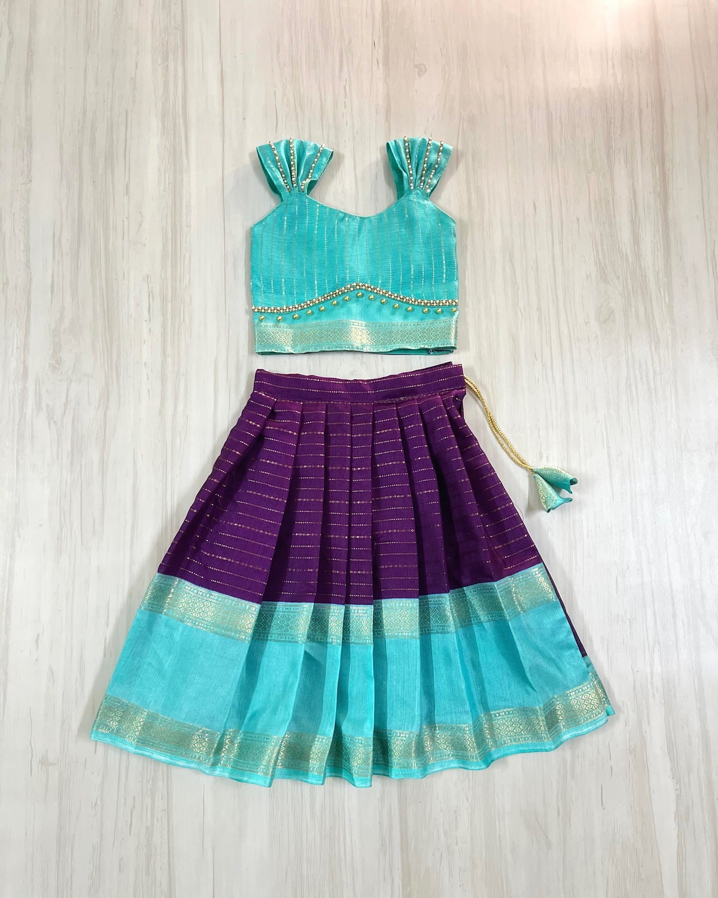 Pretty Purple And Turquoise Double Border Traditional Lehenga Set