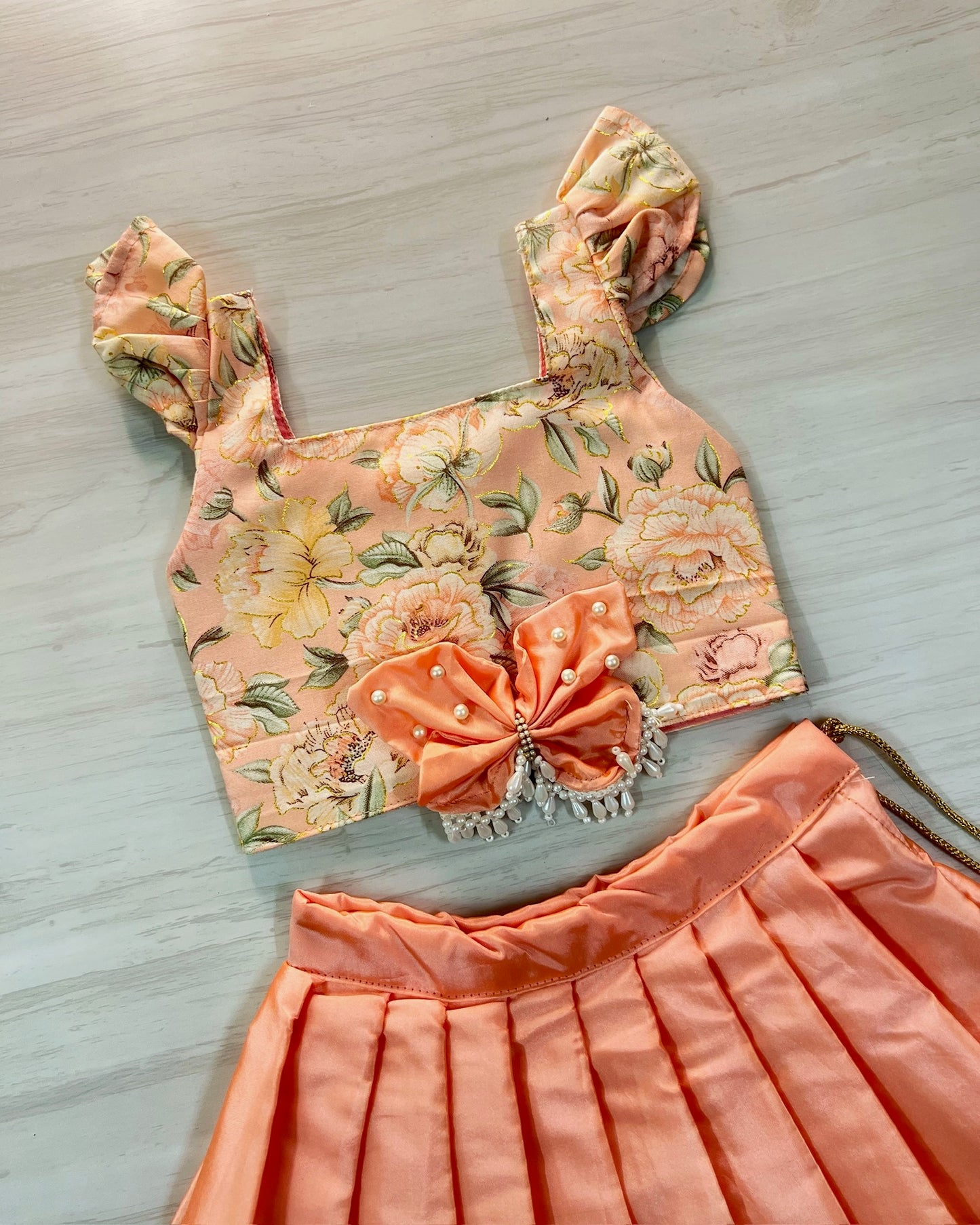 Creamy Peach Butterfly Fairy Floral Lehenga Set | The Silkberry