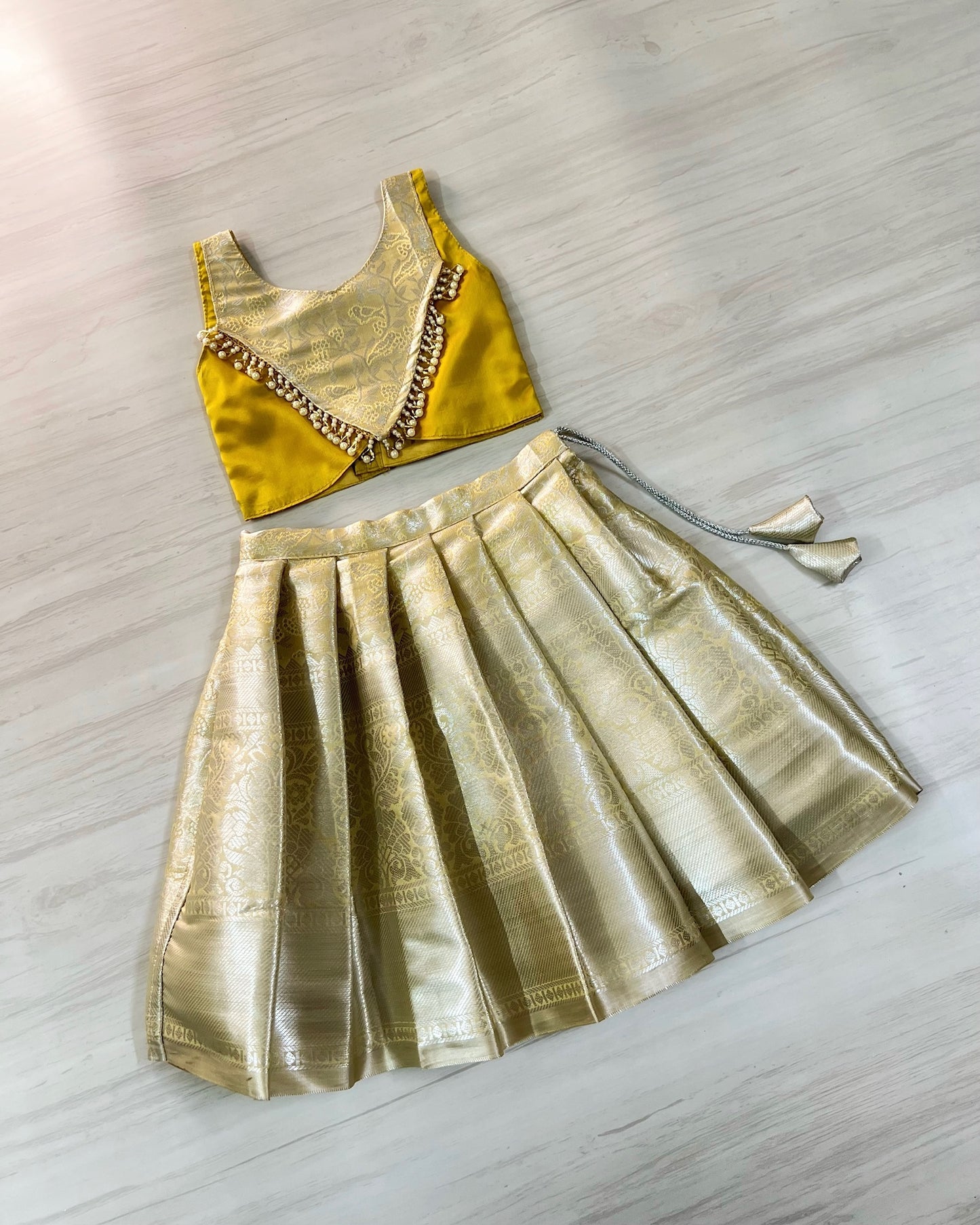 Honey Mustard Shimmery Pearl Embellished Modern Back Lehenga Set | The Silkberry