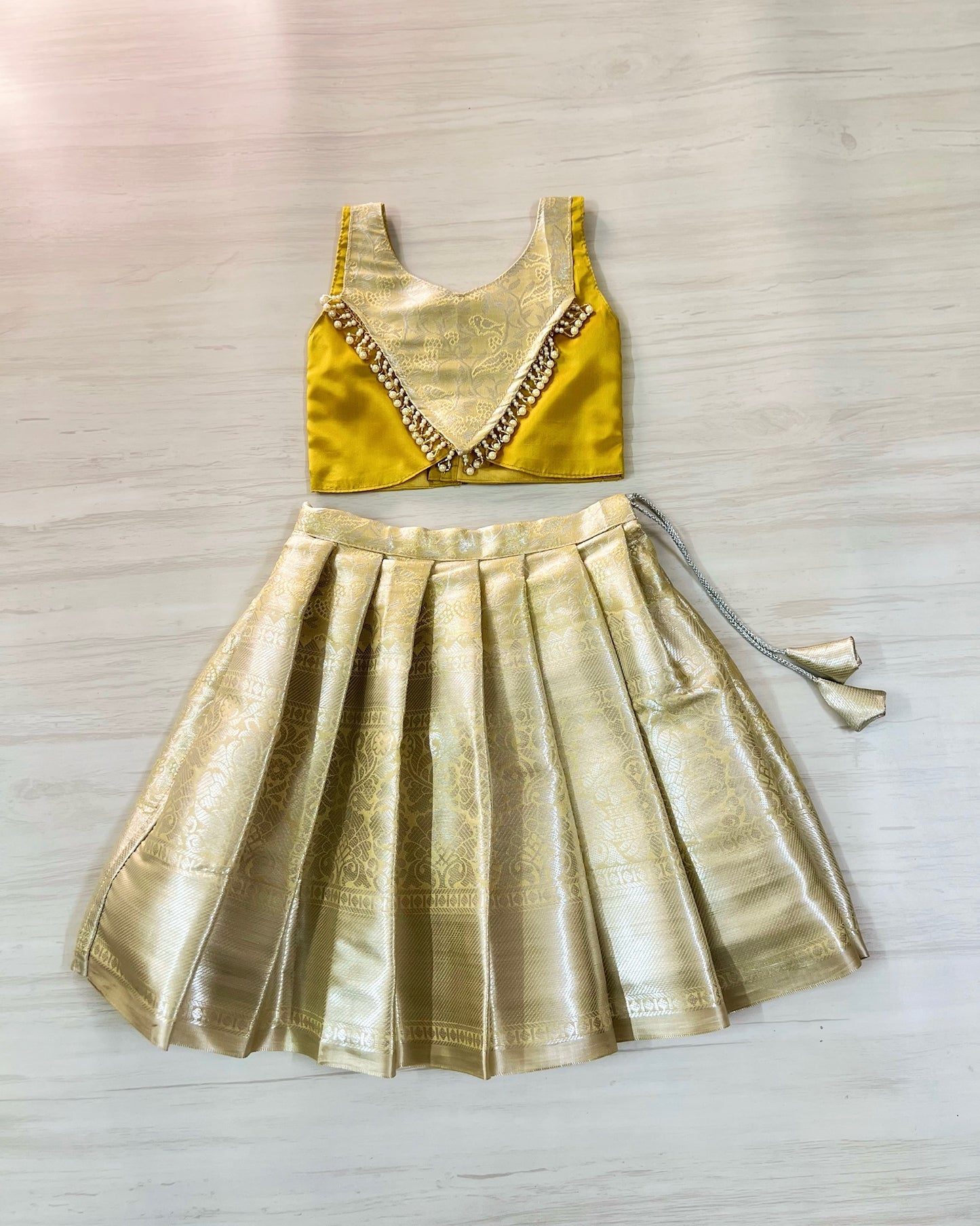 Honey Mustard Shimmery Pearl Embellished Modern Back Lehenga Set | The Silkberry