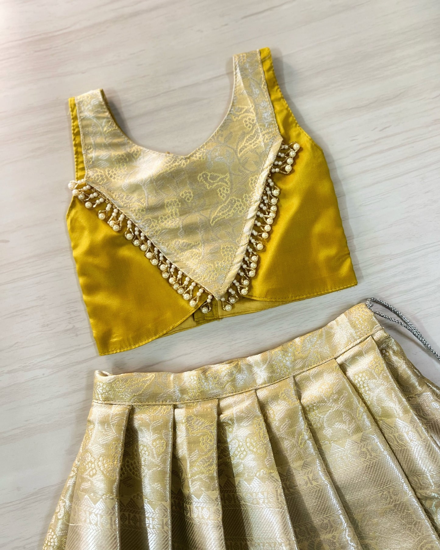 Honey Mustard Shimmery Pearl Embellished Modern Back Lehenga Set | The Silkberry