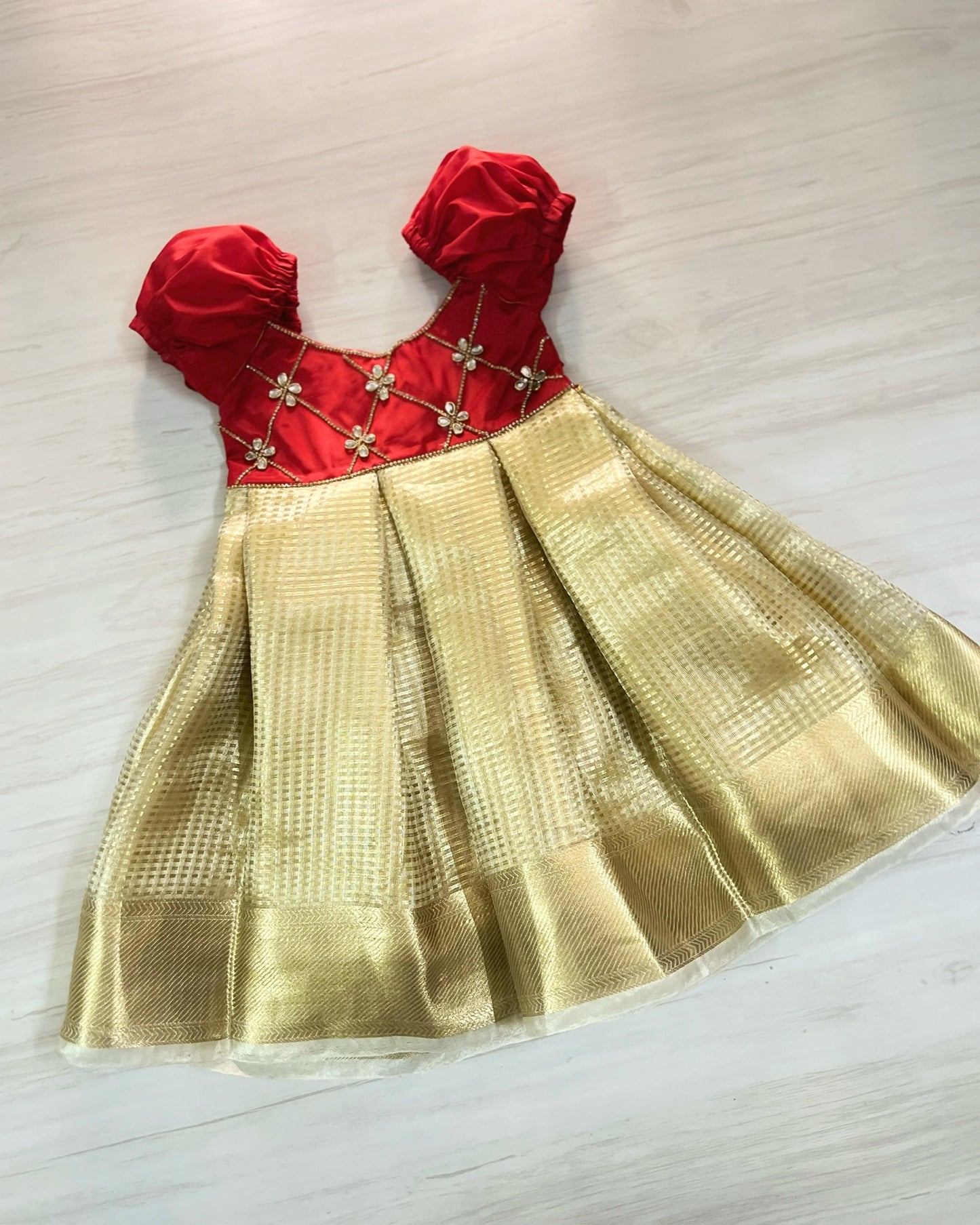 Ruby And Gold Criss Cross Stone Work Silk Gown