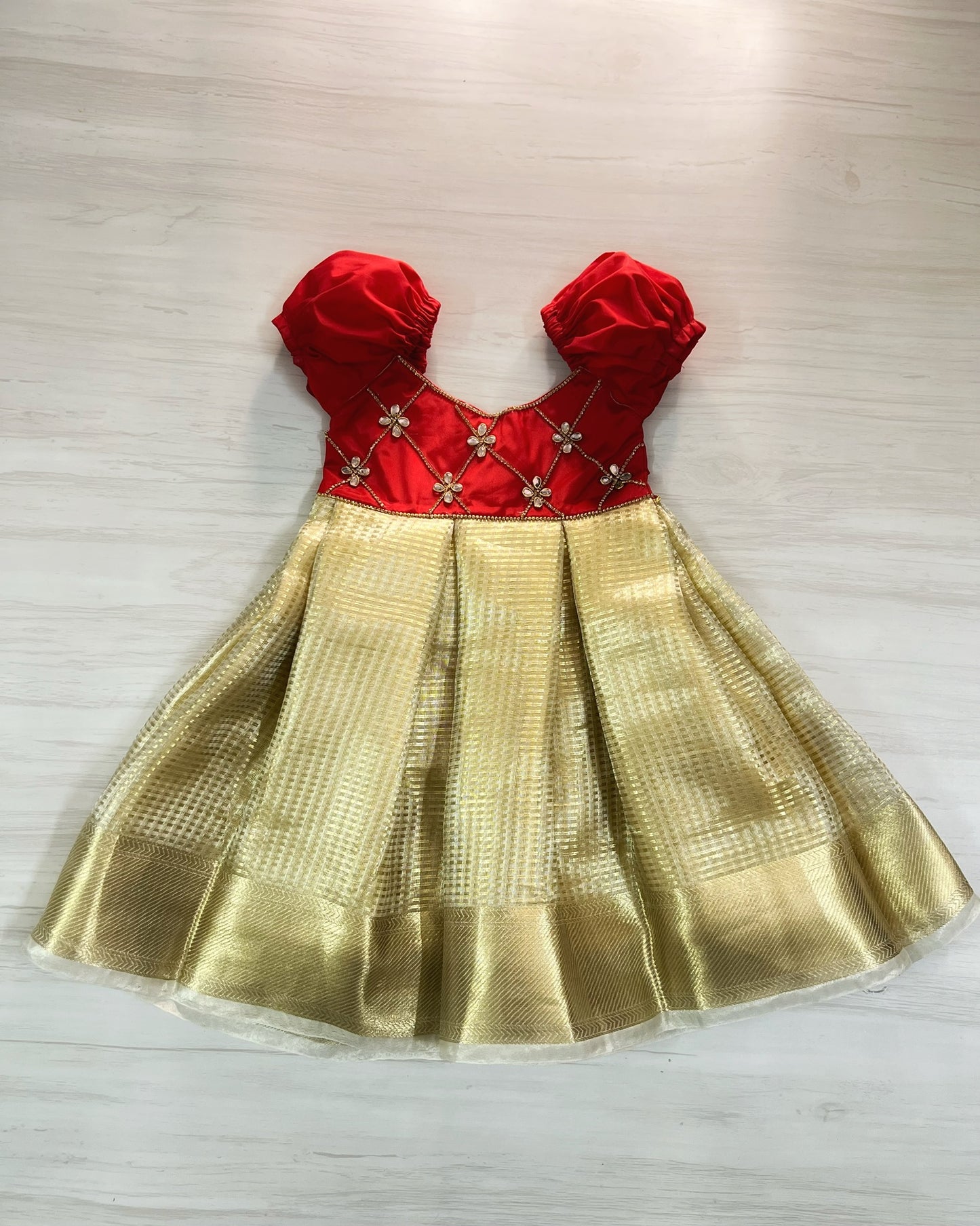 Ruby And Gold Criss Cross Stone Work Silk Gown