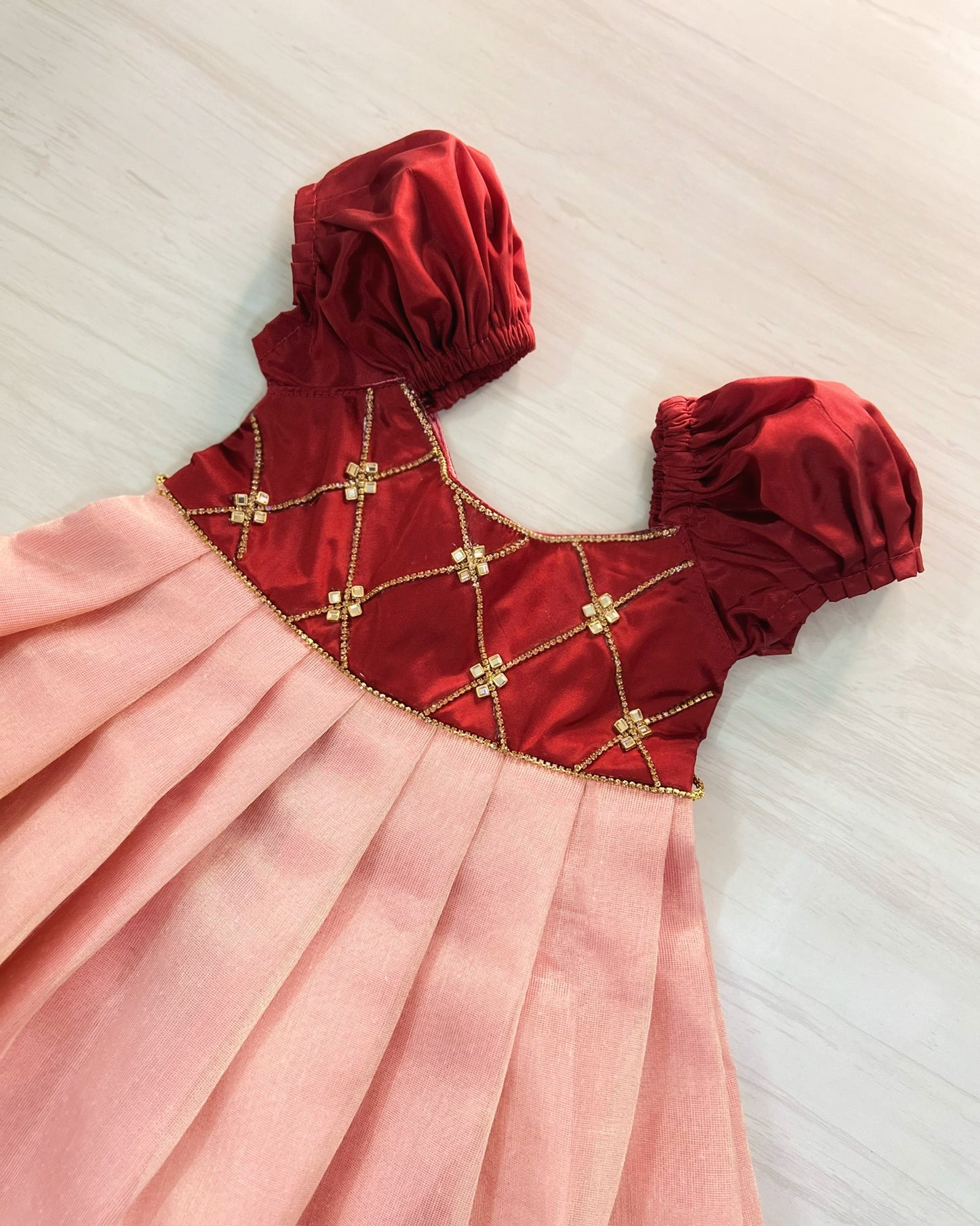 Burgundy And Baby Pink Criss Cross Stone Work Silk Gown