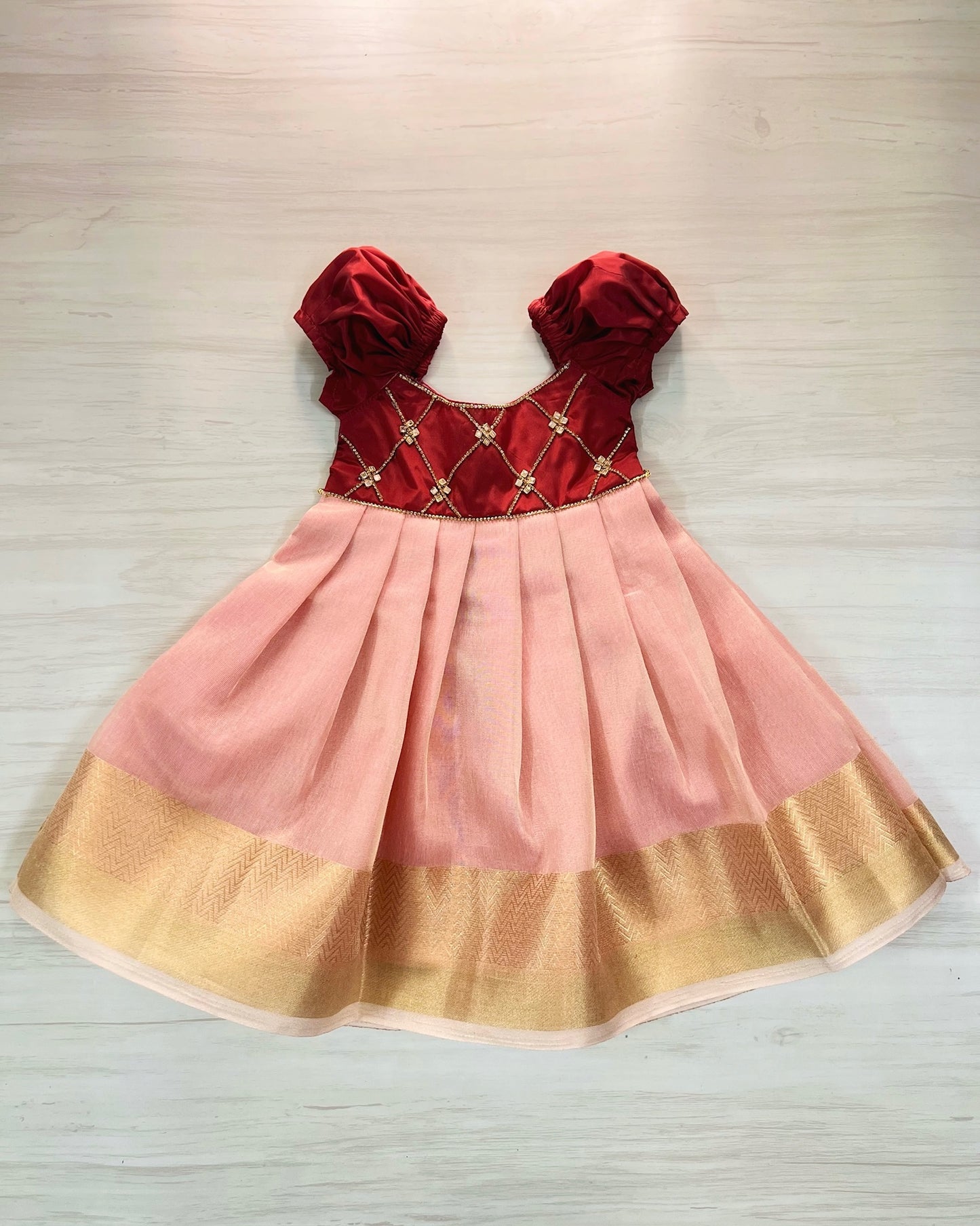 Burgundy And Baby Pink Criss Cross Stone Work Silk Gown