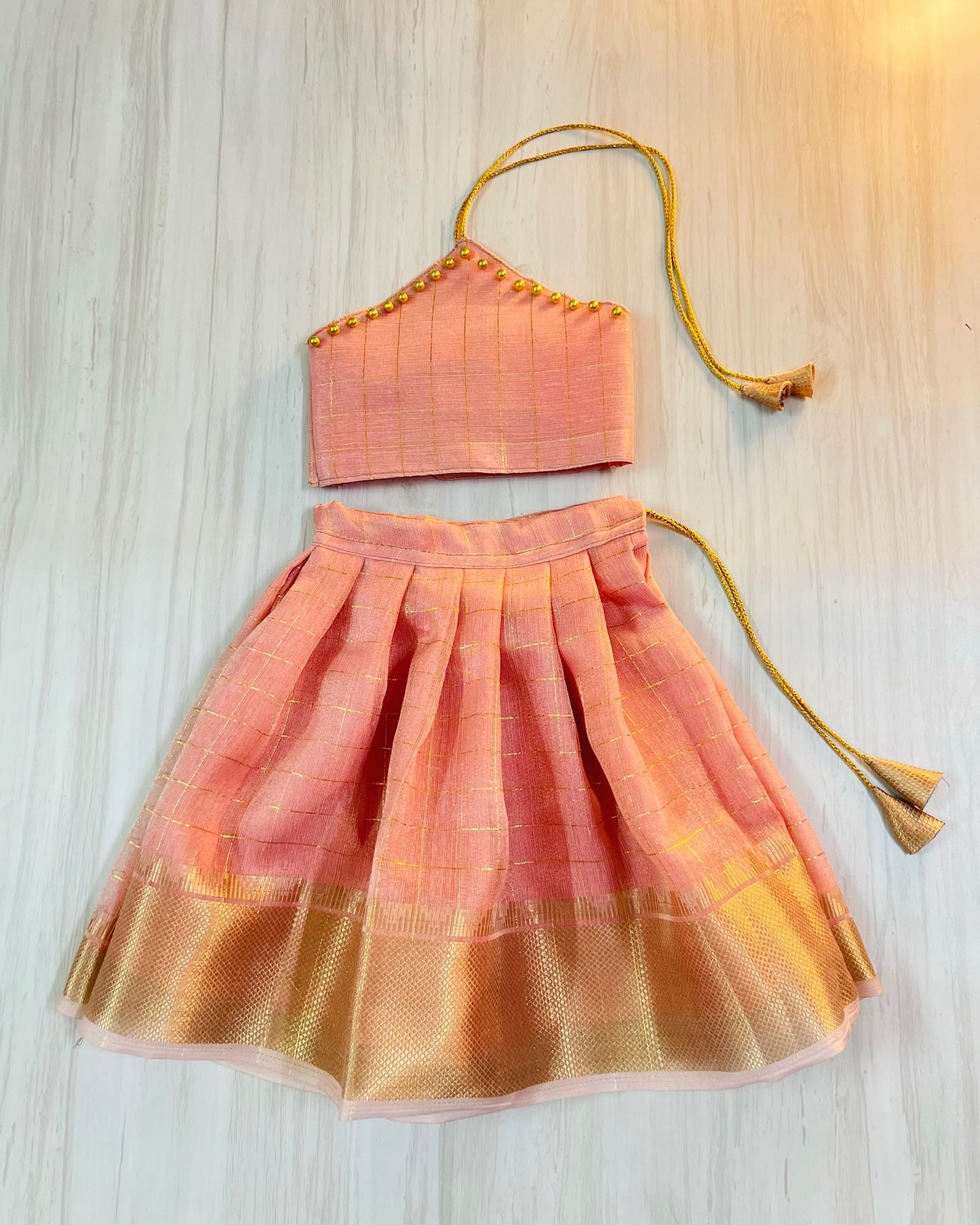 Soft Baby Pink Halter Neck Tissue Silk Lehenga Set