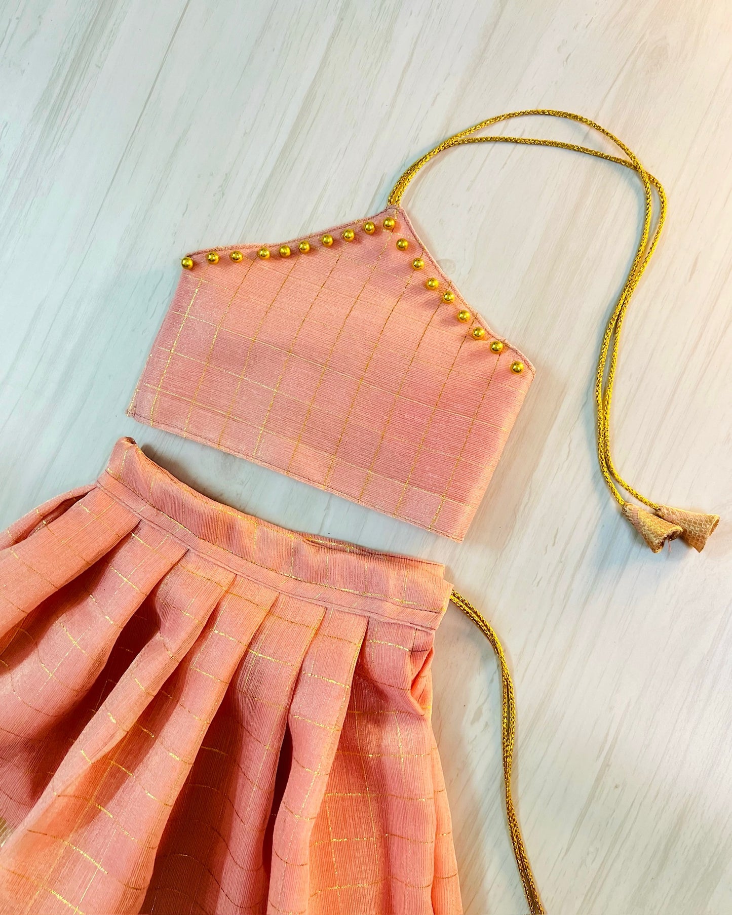 Soft Baby Pink Halter Neck Tissue Silk Lehenga Set