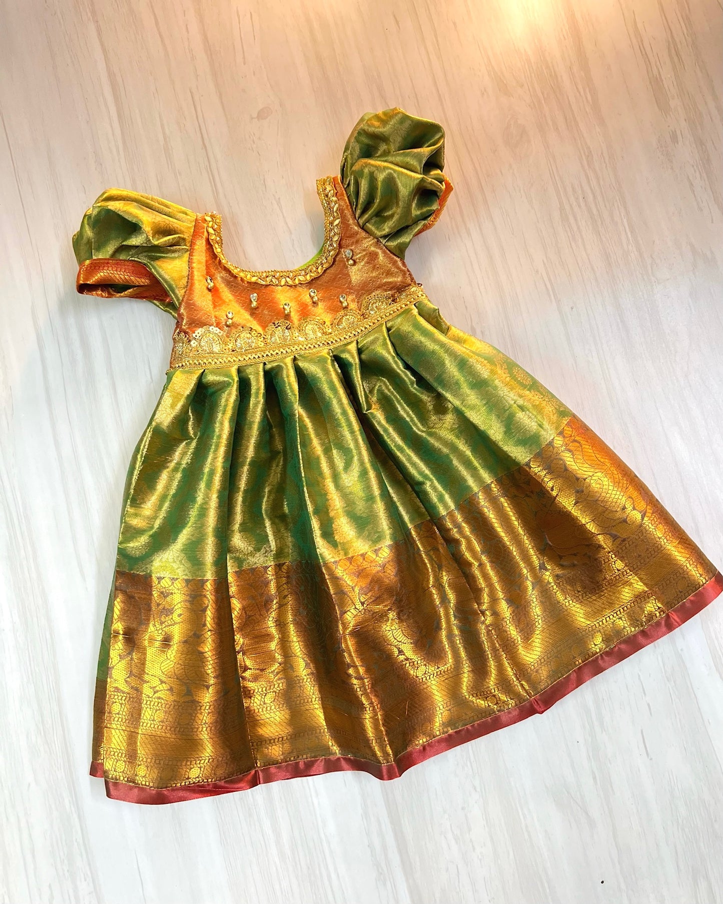 Light Green And Orange Grand Stone Work Silk Gown