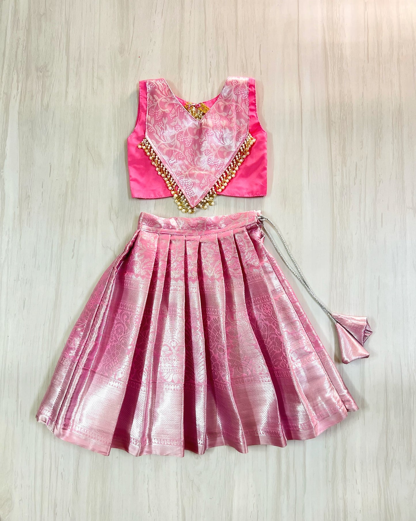 French Pink Shimmery Pearl Embellished Modern Back Lehenga Set