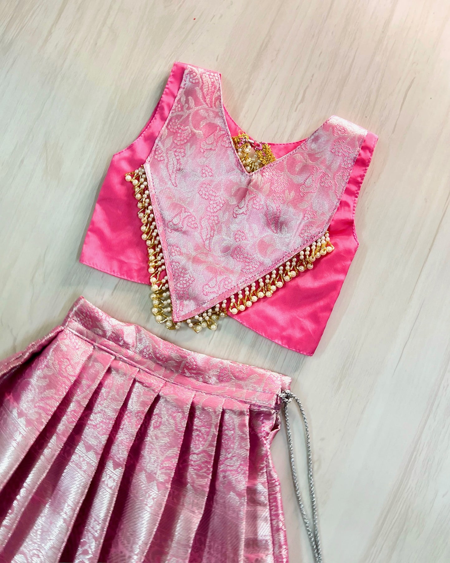 French Pink Shimmery Pearl Embellished Modern Back Lehenga Set
