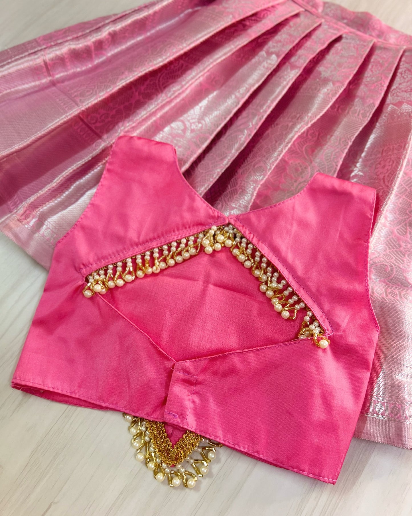 French Pink Shimmery Pearl Embellished Modern Back Lehenga Set