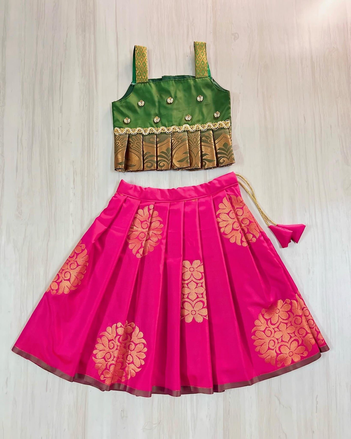 Hot Pink And Pine Green Cute Traditional Lehenga Set | The Silkberry