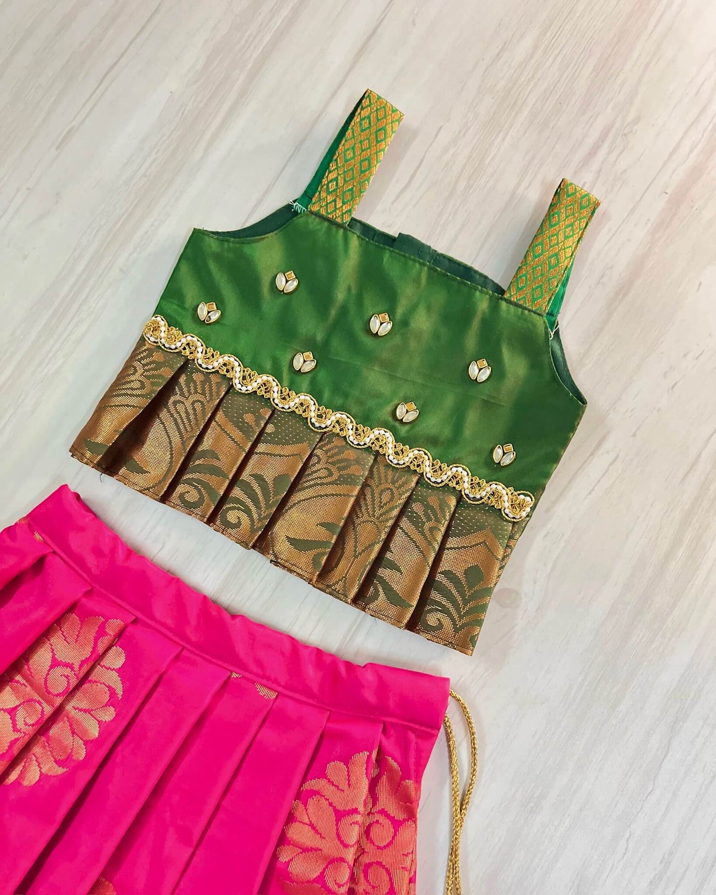 Hot Pink And Pine Green Cute Traditional Lehenga Set | The Silkberry