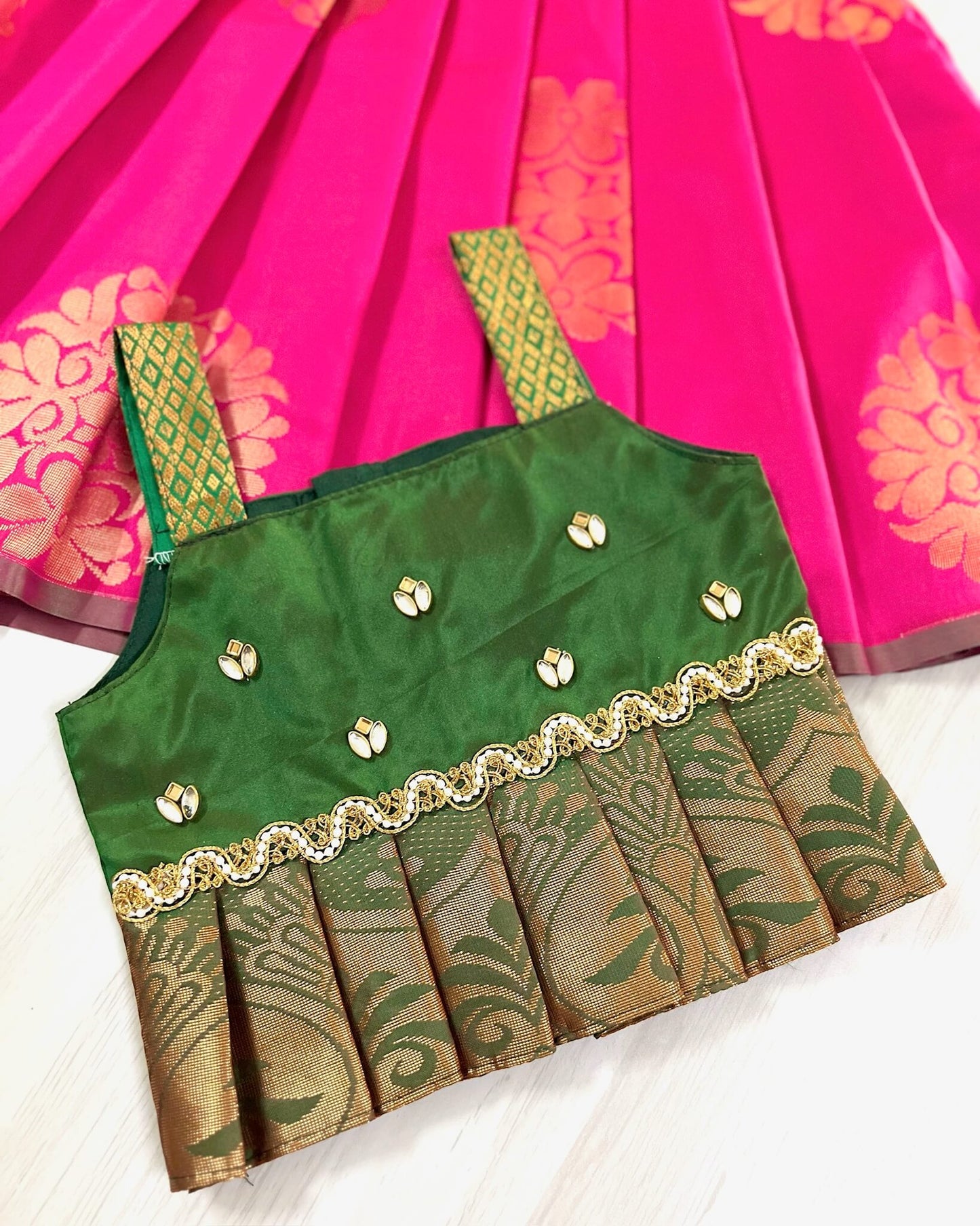 Hot Pink And Pine Green Cute Traditional Lehenga Set | The Silkberry